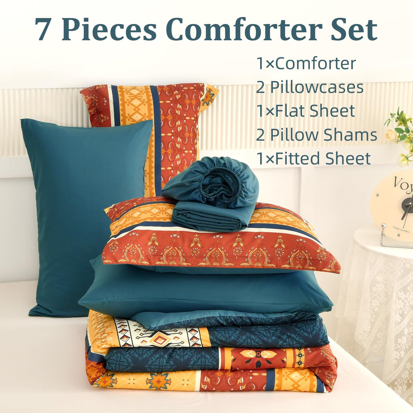 WONGS BEDDING Boho Comforter Set King Size,7 Pieces Bed in a Bag Bohemian Striped Bedding Set,Burnt Orange Paisley Floral Comfortet and Sheet Set,Soft Microfiber Bedding Sets for All Season
