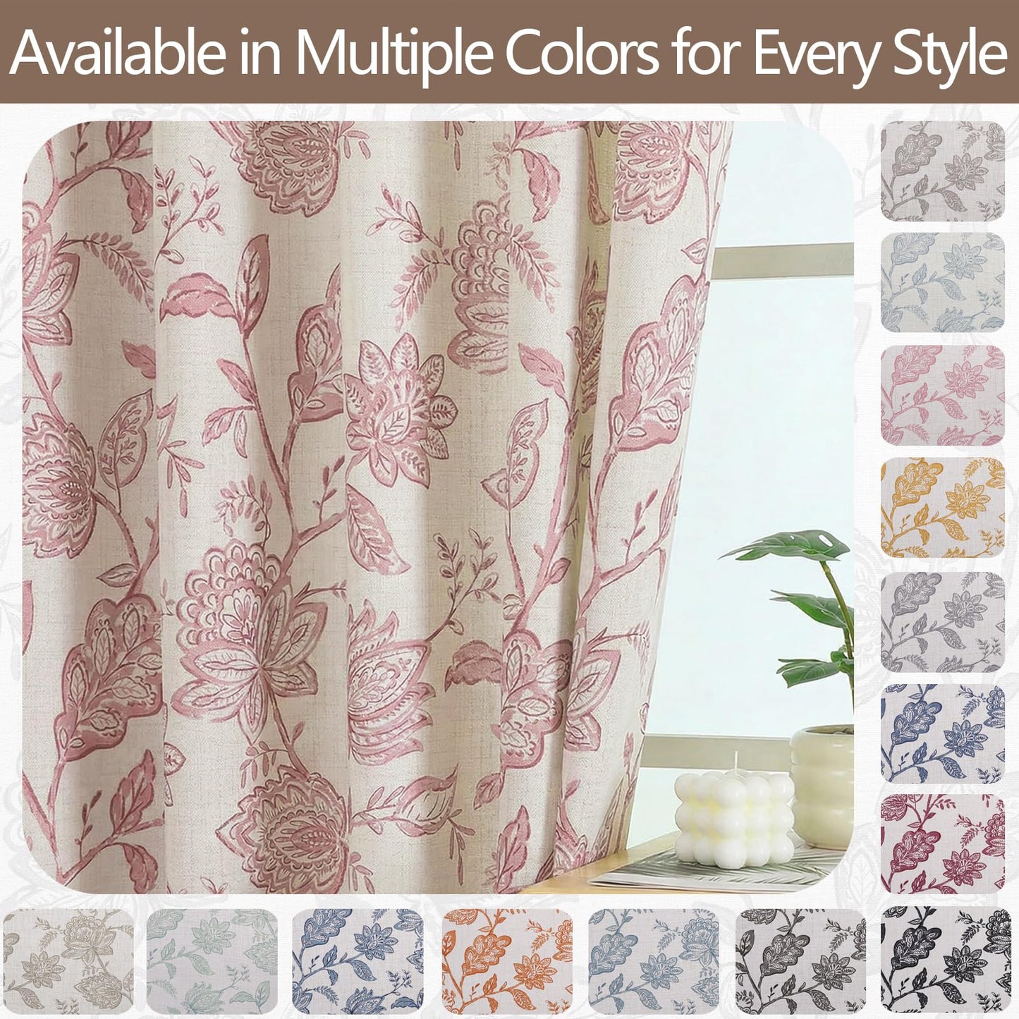 Ebesto Floral Curtains 63 Inch Length - Light Filtering Faux Linen Flower Printed Window Curtains for Bedroom, Rod Pocket No-See Through Privacy Drapes, 2 Panels, Each 40Wx63L Inches, Blush Pink