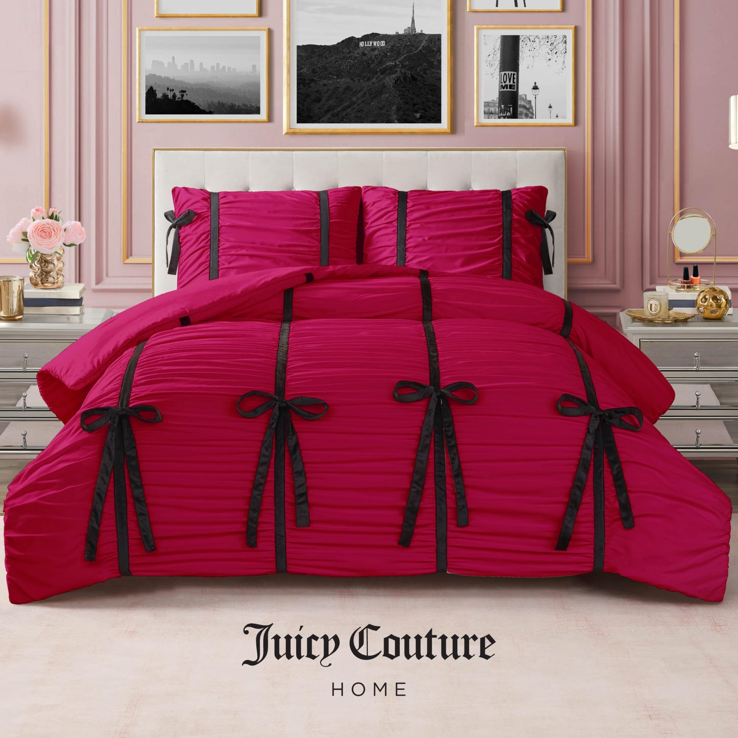 Juicy Couture Hot Pink Amelie Velvet Bows Ruched King Comforter Set - 3 Piece Stylish Bedding Ensemble