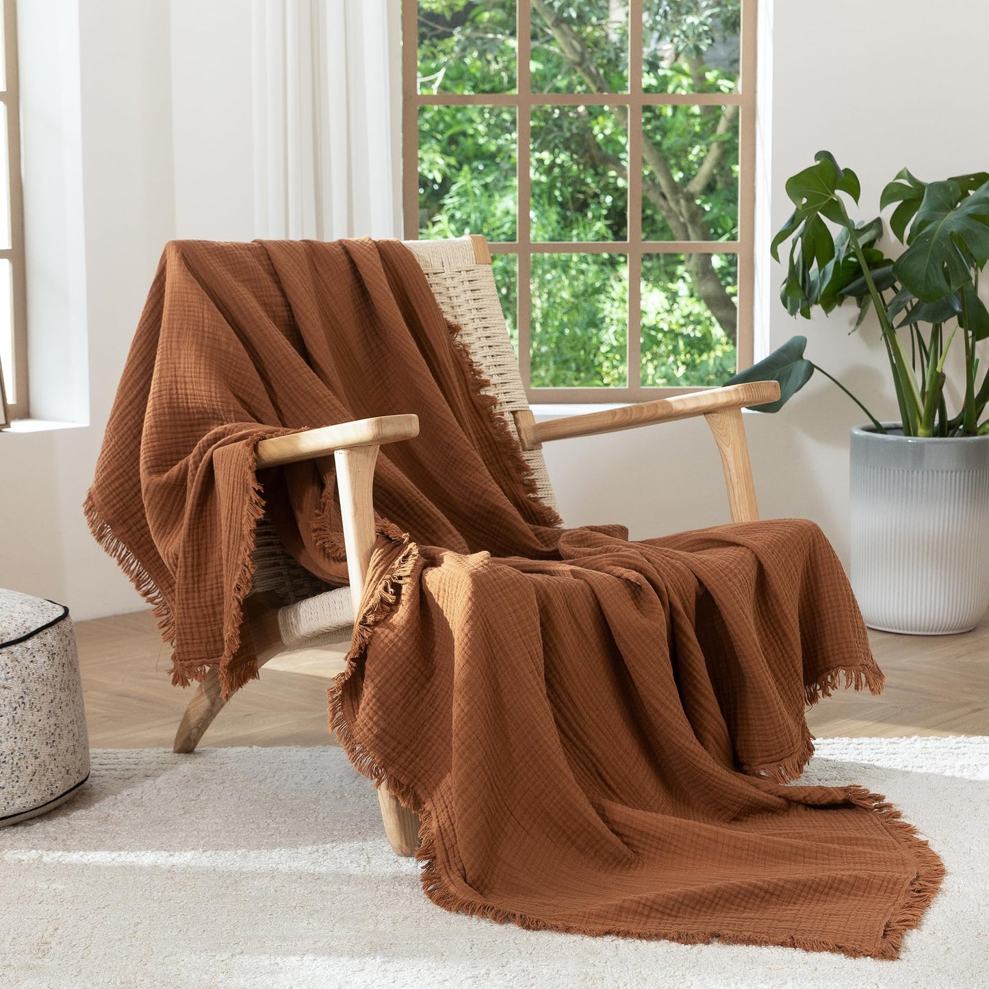 MooMee Muslin Blanket - 100% Cotton 4-Layer Gauze Throw Blanket with All-Around Fringe, Soft Breathable Lightweight Cooling Summer Blankets for Bed Couch (Drak Orange,Queen 90" x 90")