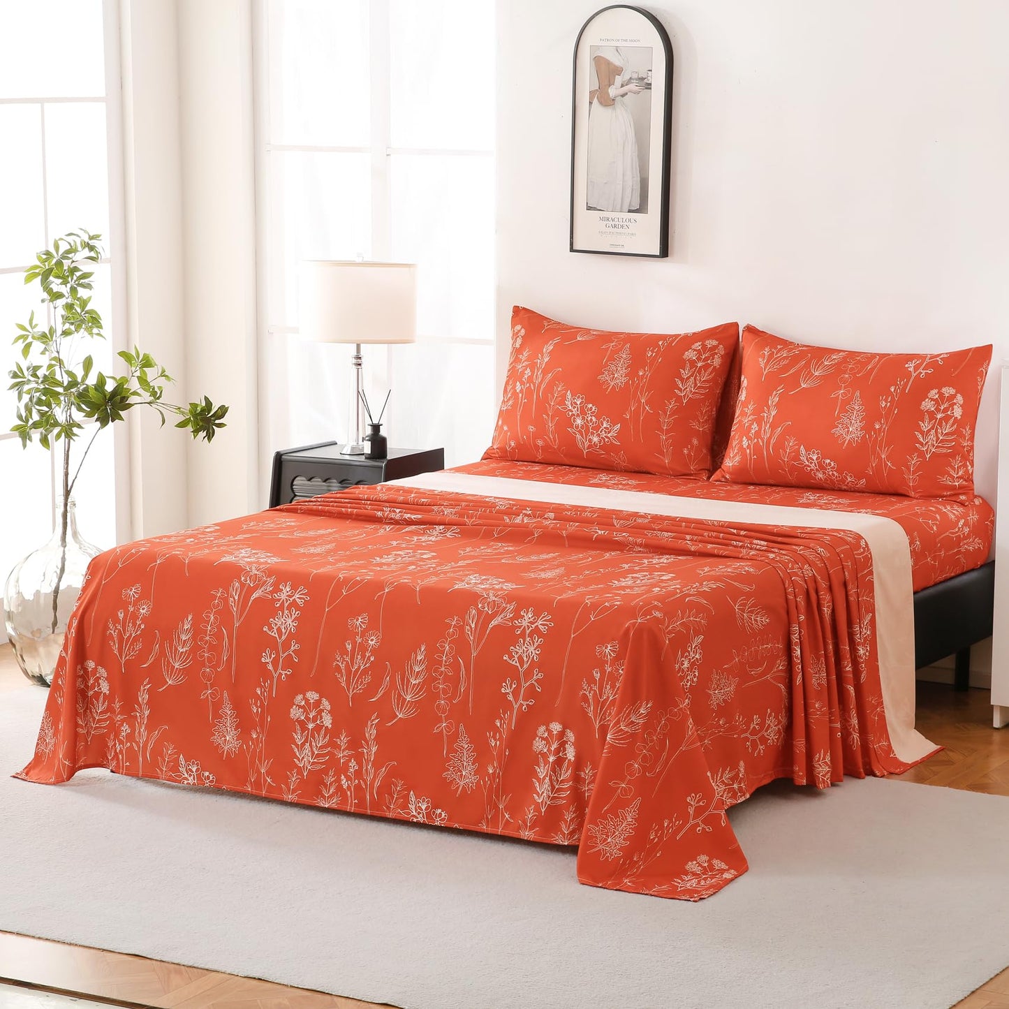Yibeizi Queen Sheet Set Deep Pocket Queen Size Orange Floral Bed Sheets Set, Boho Printed Soft Microfiber Oeko-Tex Sheets & Pillowcases Hypoallergenic Wrinkle Free Bedsheets