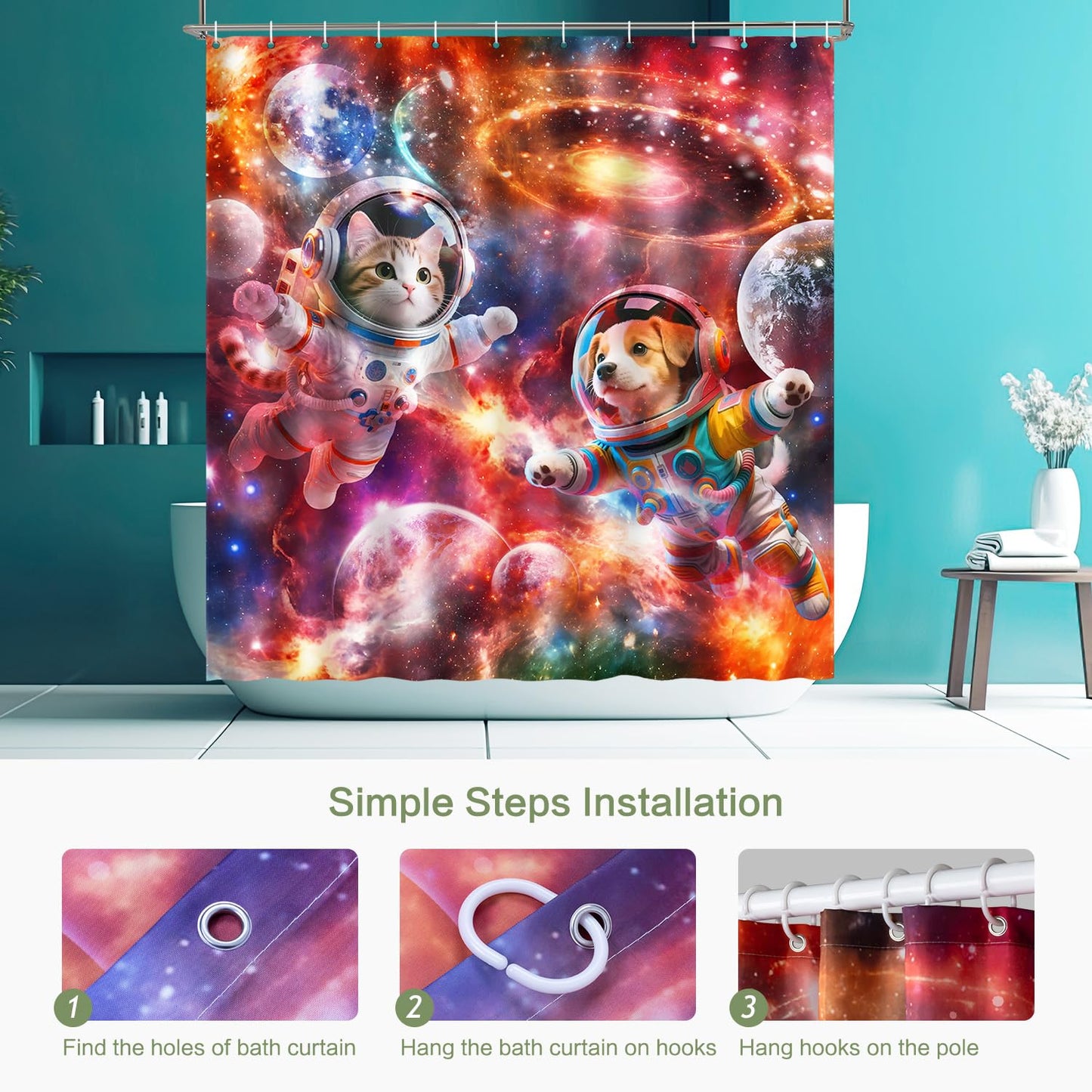 Lokigo Funny Cat Dog Shower Curtain, Cool Anime Cat and Dog Space Astronaut Universe Galaxy Shower Curtains for Bathroom Decor, Waterproof Polyester Modern ShowerCurtain with Hooks 72"x72"
