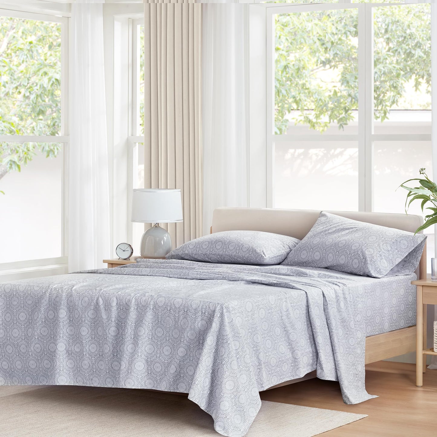 Comfort Spaces 100% Cotton Sheet Set Breathable, Lightweight, Soft with 14" Elastic Pocket Fits up to 16" Mattress, All Season Cozy Bedding, Matching Pillow Case, Cal King Adelia Gray 4 Piece
