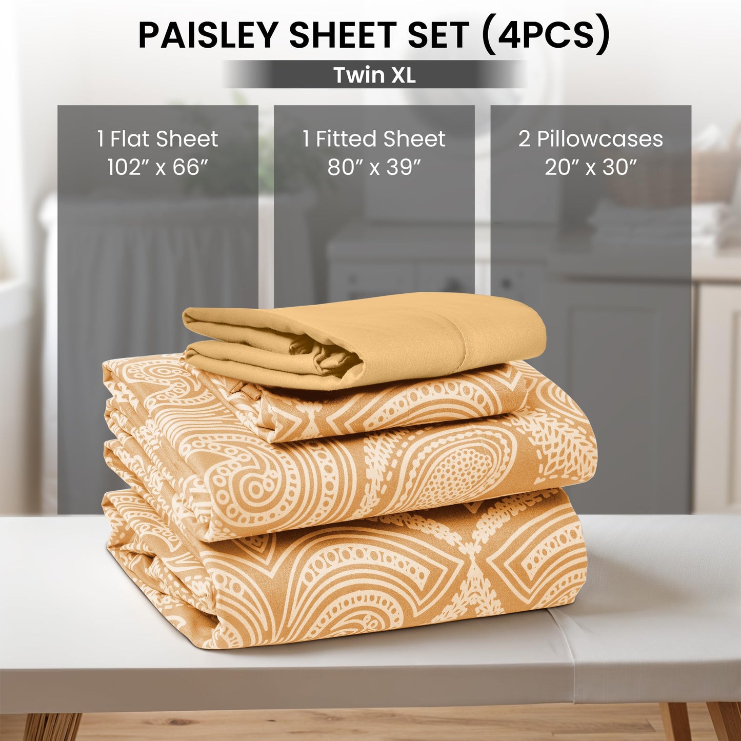 Ultra Soft Wrinkle-Free Microfiber Paisley Twin XL Sheet Set, Cute Floral Pattern Boho Print – 16" Deep Pocket Fitted Sheet, Flat Sheet & 2 Pillowcases, Breathable, OEKO-TEX - Taupe