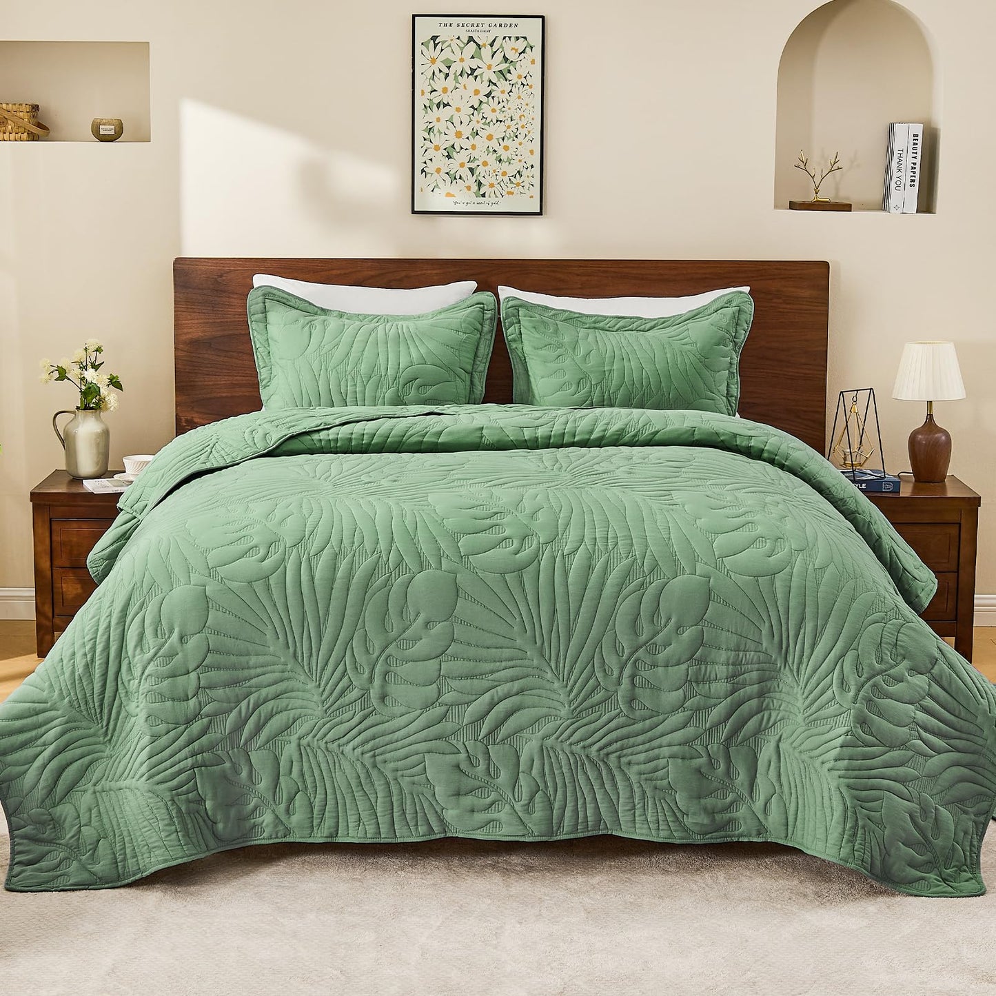 DaisyHuang Botanical Quilt Set King Size -Leaves Pattern Stitching Quilt Set - Elegant & Fresh Style Bedspread Coverlets, Ultra Soft, Reversible, Lightweight, 4 Piece with Floor Mat, Olive Green