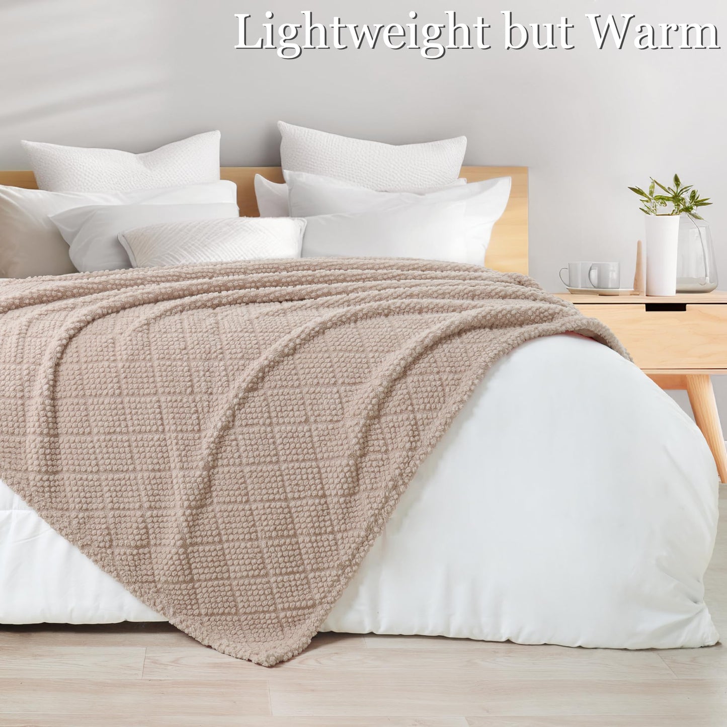 Whale Flotilla Fuzzy Fleece Queen Size Blanket for Bed, Soft Fluffy Jacquard Waffle Blankets for All Season, Lightweight and Cozy, 90x90 Inch, Camel
