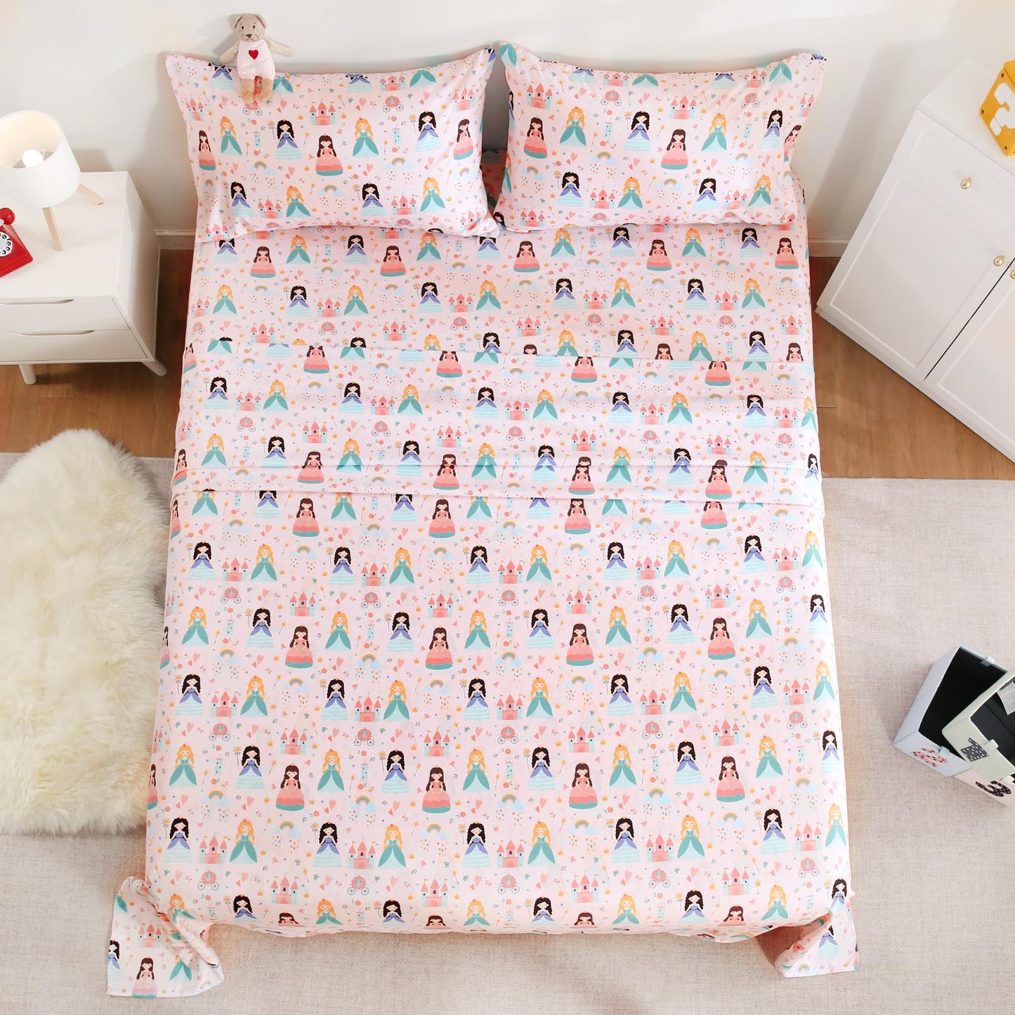 LONAVA Twin Sheet Set Kids - 3 Pieces Soft Microfiber Cartoon Style Bedsheets for Boys Girls Teens, Oeko TEX, Breathable Deep Pocket Sheets, (Princess)