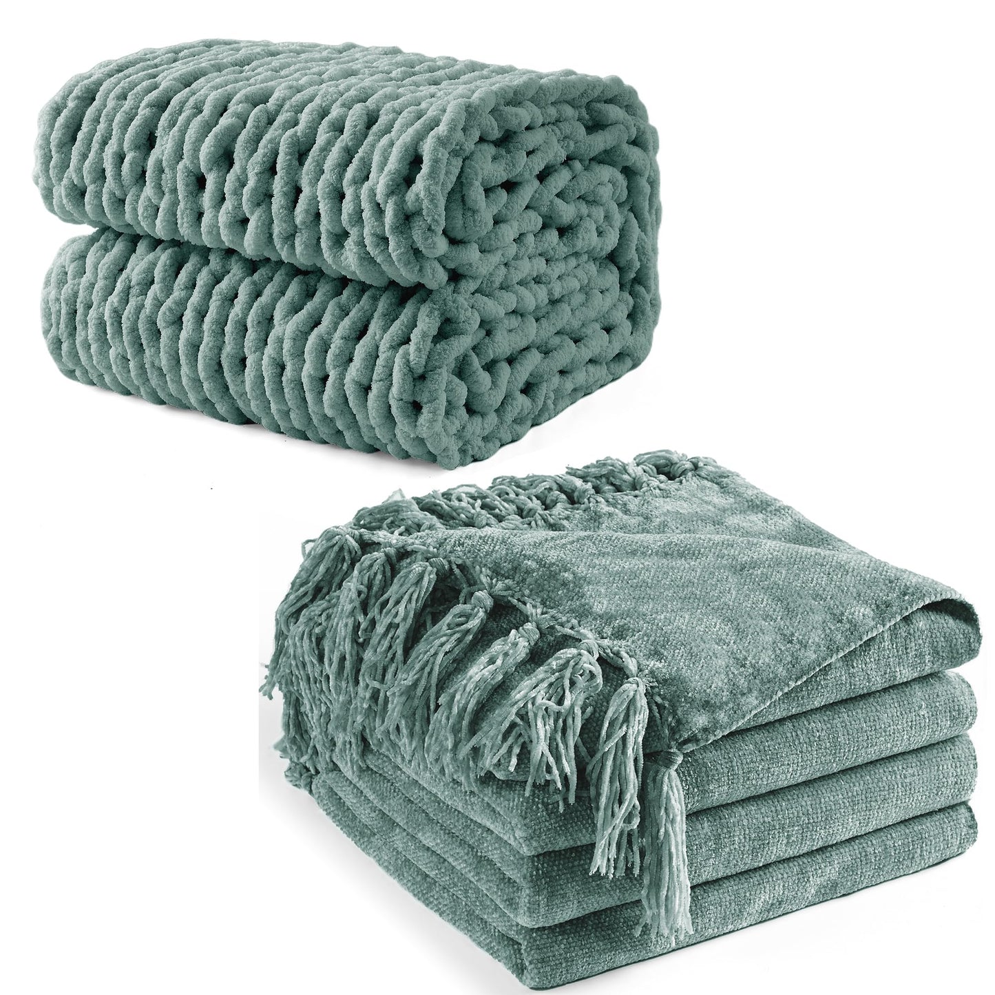 LONG CREATE Chunky Knit Throw Blanket Bundle Chenille Throw Blanket， 50"X 60" Sage Green