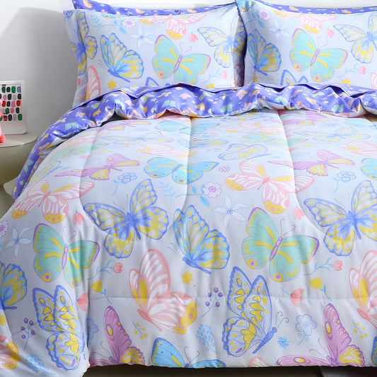 Viviland Kids Full Bedding Sets for Girls, Soft Full Comforter Set with Sheets, 7 Pieces Microfiber Bed in a Bag, Colorful Butterfly