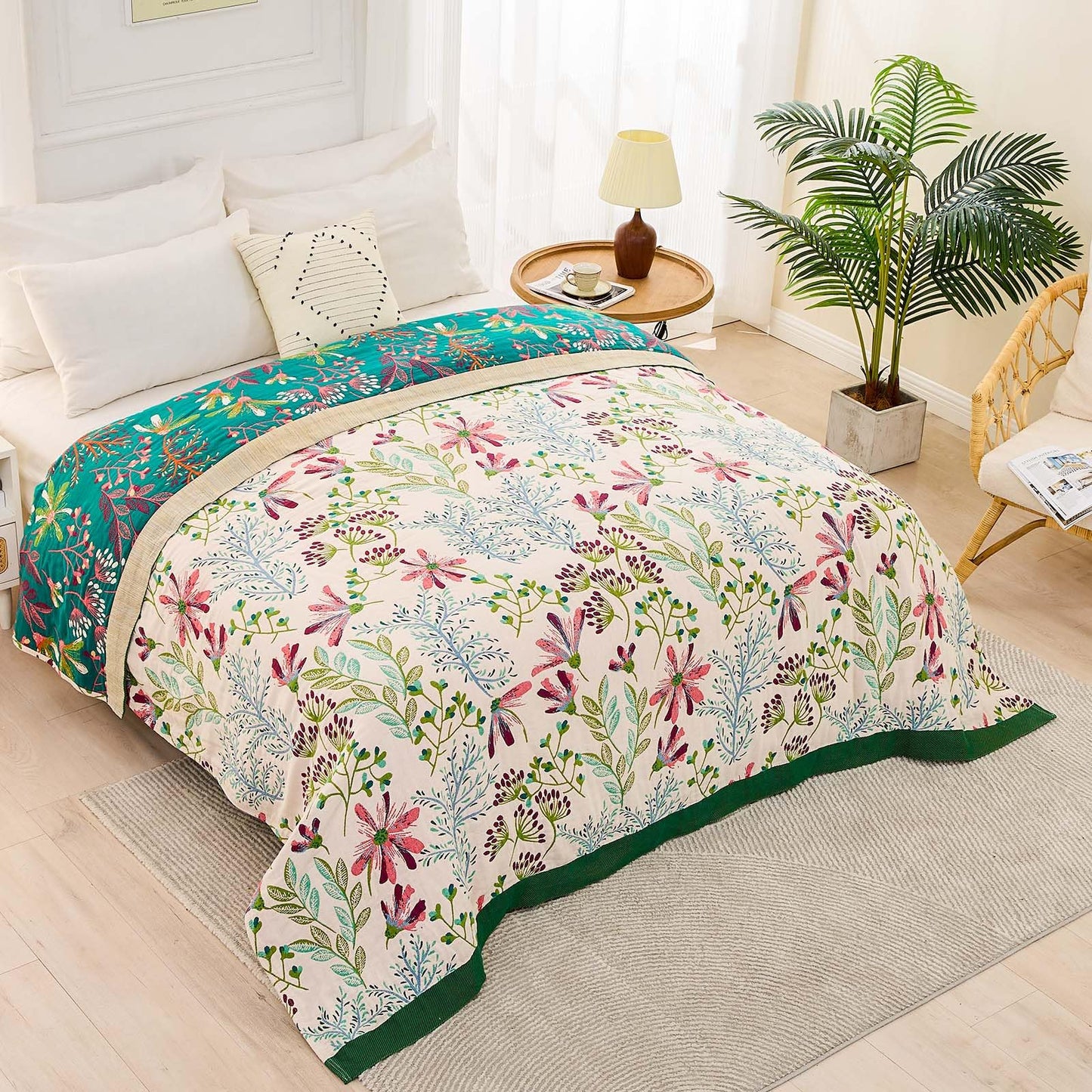 XIBLC Boho Throw Blanket for Bed, 100% Cotton Soft Rustic Quilt Fall Blanket, 60"x80" Floral Printed Farmhouse Decor Bed Blankets, All Season Rustic Reversible Bohemian Throw Quilt