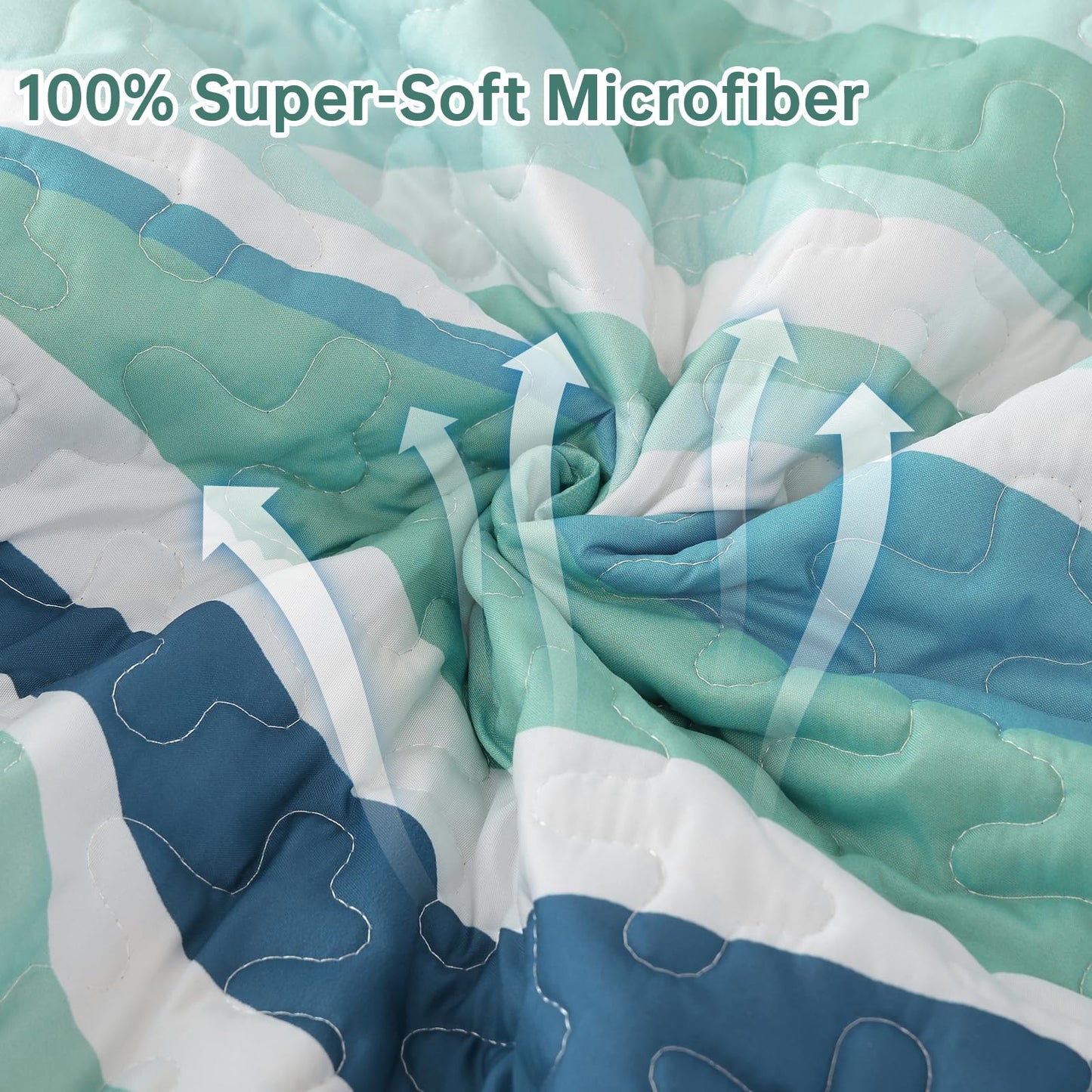 DJY Green Seawaves Ocean Quilt Set King Coastal Beach Theme Quilt Coverlet Soft Microfiber Reversible Bedspread with 2 Pillow Shams 3 Pieces Nautical Stripe Bedding Quilt for All Season 104"x90"