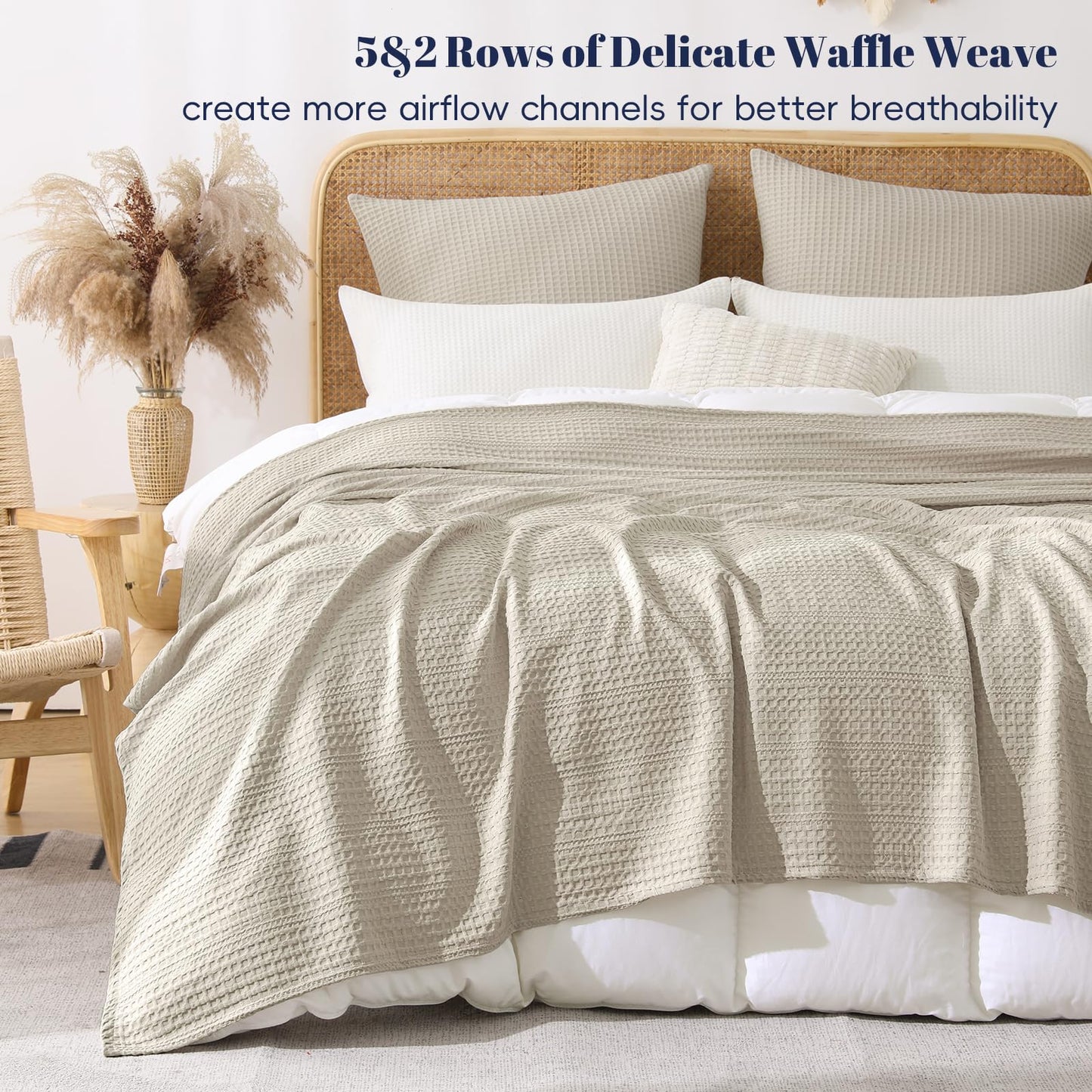 PHF Lightweight Waffle Weave Blanket Queen Size 90"x 90", Soft Woven Summer Blanket for Hot Sleepers - Aesthetic Home Decor for Couch Bed Sofa, Pet Friendly, Natural/Linen