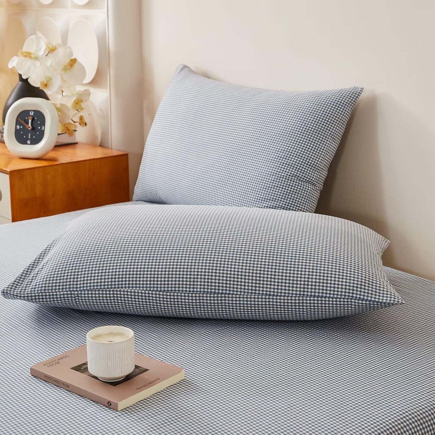 AMZTOP Soft Cotton King Size Duvet Cover Set 3 Pcs,1 Duvet Cover and 2 Pillowcases,100% Washed Cotton Blue Gingham Design Bed Set,Zipper Closure Comforter Covers King Size 104"×90"