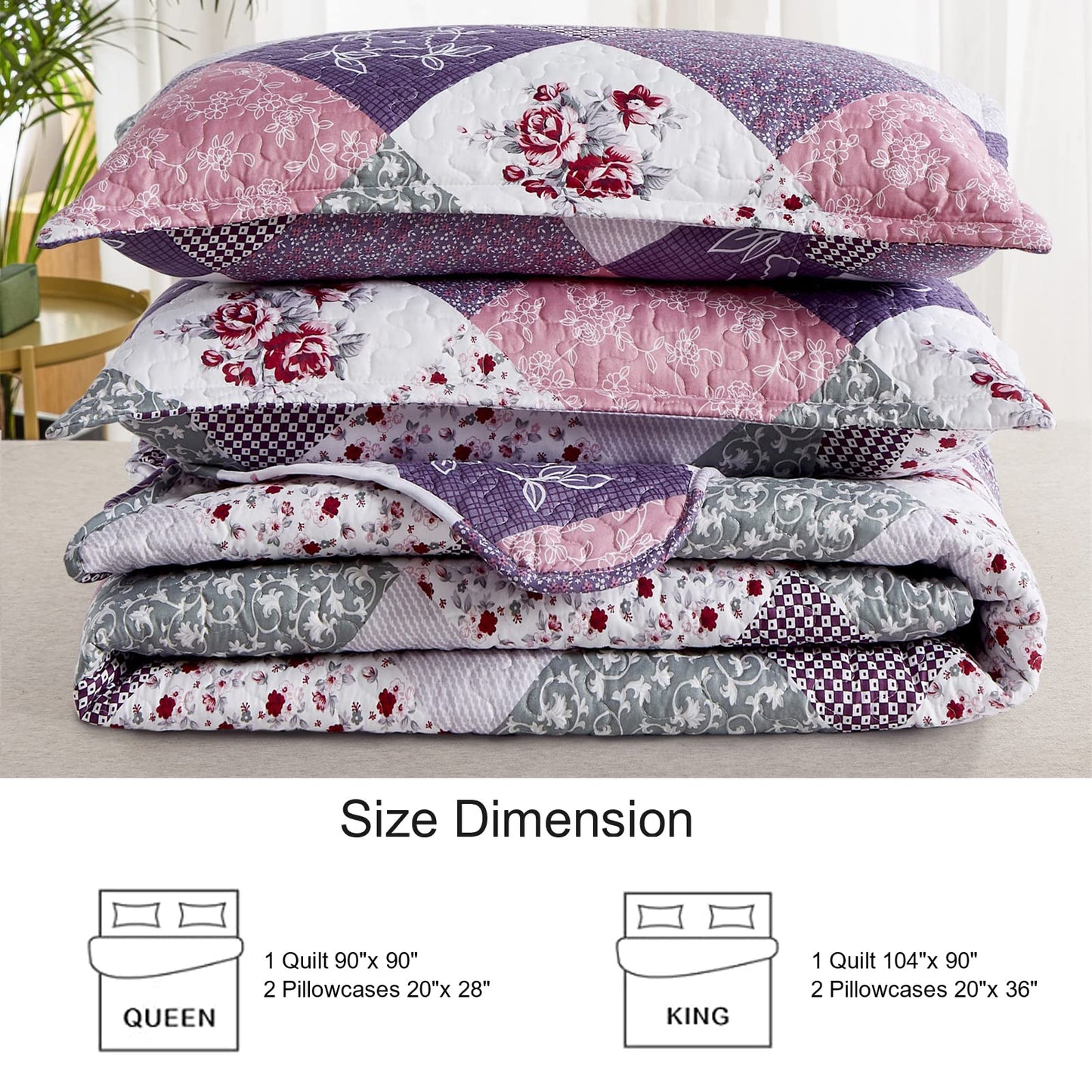 Dinjoy Purple Quilt Set Queen Size, Reversible Floral Plaid Patchwork Pattern Bedding Set Soft Microfiber Lightweight Bedspread Coverlet 3 Piece Spring Summer Use (90x90 inches)