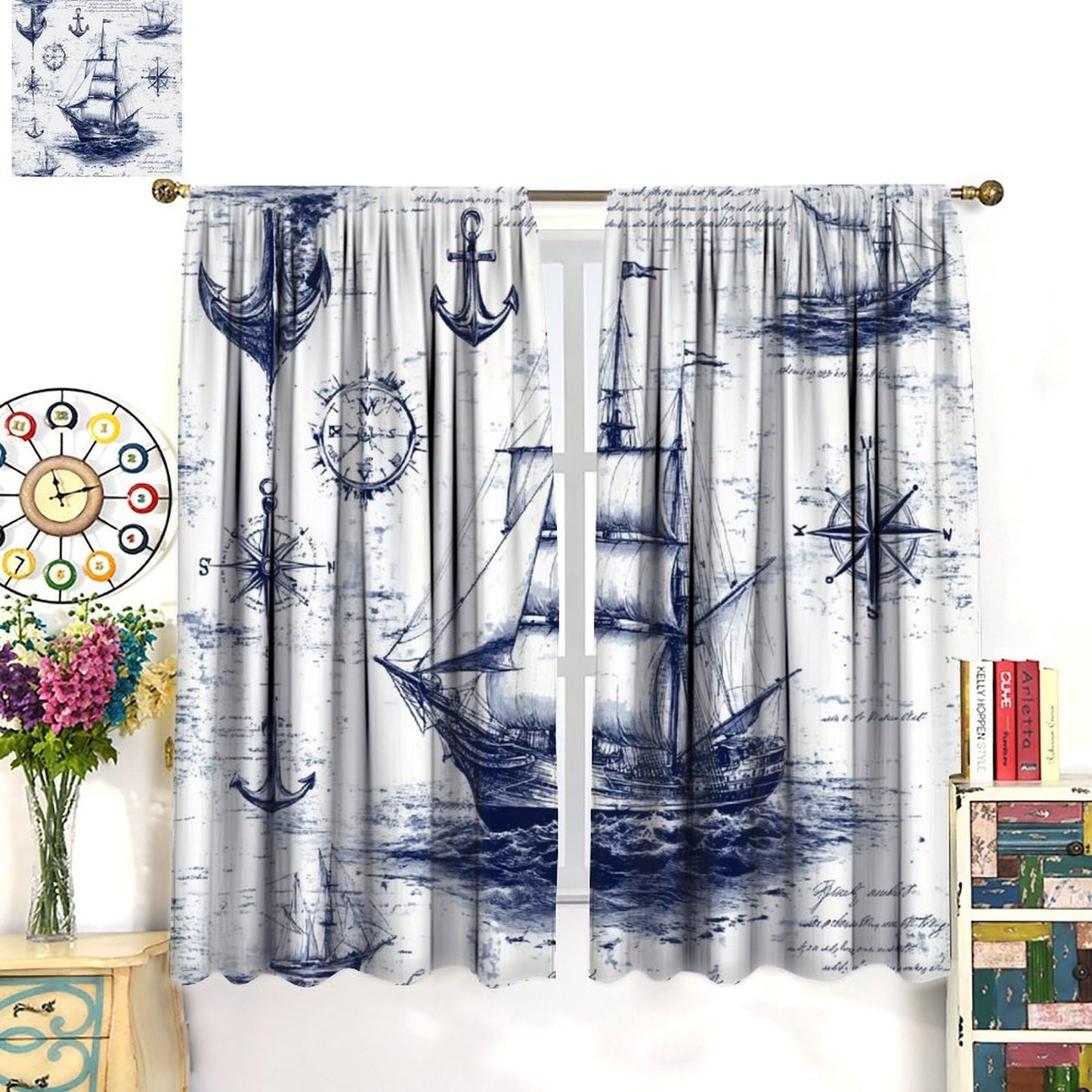 TOWINSFB Medieval Pirate Ship Blackout Curtains for Living Room Bedroom, Vintage Nautical Sailboat Compass Window Curtains Rod Pocket Thermal Insulated Window Drapes, 2 Panels, Each 21W x 45L