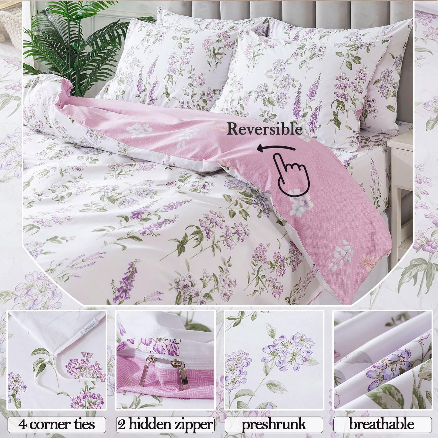 FADFAY Purple White Floral Duvet Cover Sets King/Cal King 100% Cotton Lilac Lavender Reversible Comforter Cover French Country Bedding All Season Soft Crisp Green Leaves Bed Cover with Zipper 3Pcs