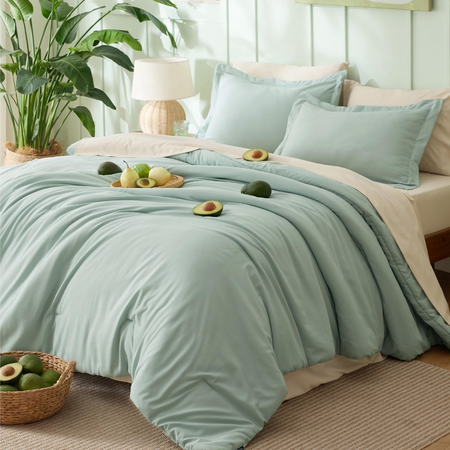 Bedsure King Size Comforter Set Sage Green, 7 Pieces Lightweight King Bedding Sets Boho, Bed in a Bag with Comforter, Sheets, Pillowcases & Shams, Contrasting Design