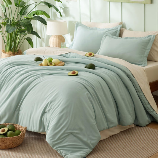 Bedsure King Size Comforter Set Sage Green, 7 Pieces Lightweight King Bedding Sets Boho, Bed in a Bag with Comforter, Sheets, Pillowcases & Shams, Contrasting Design