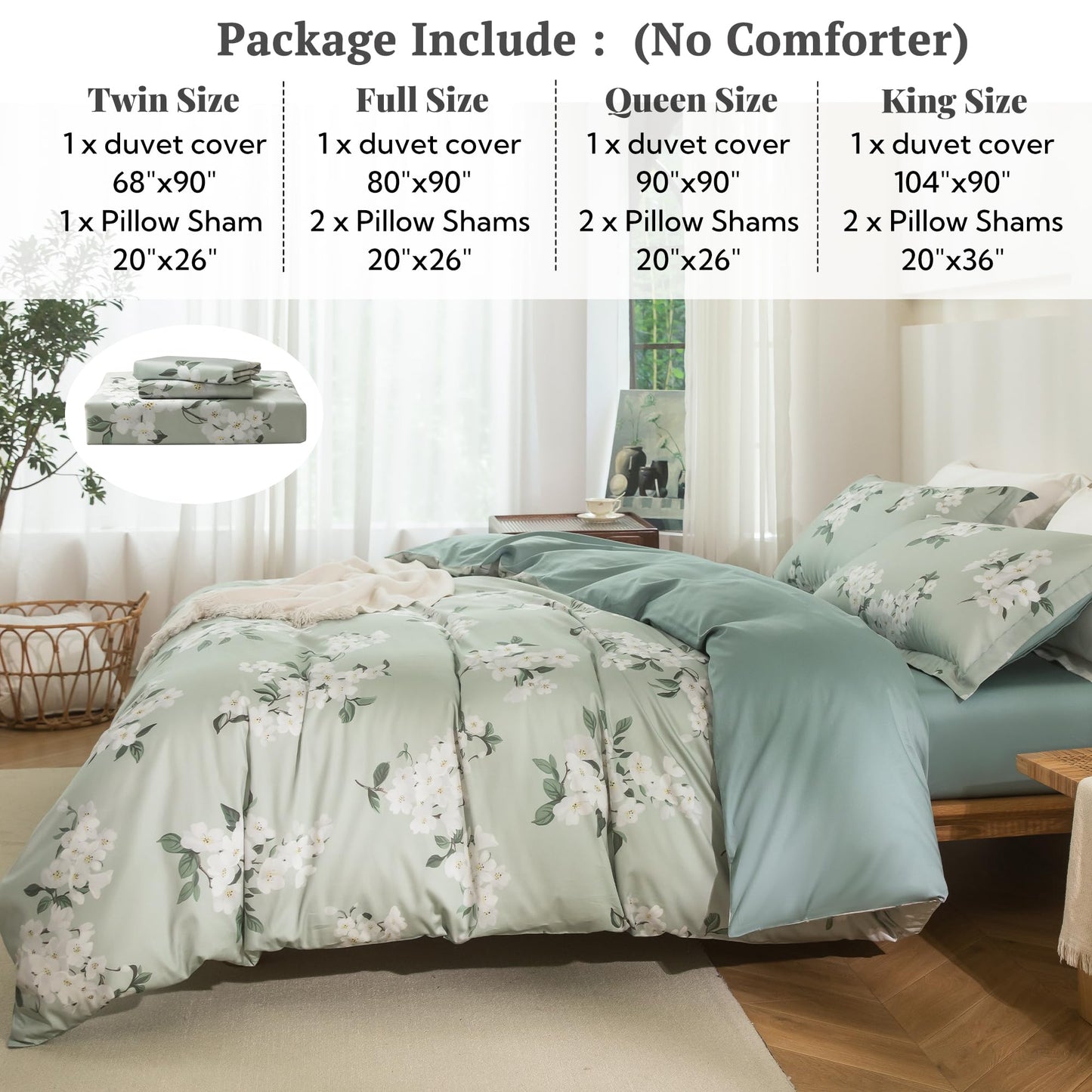 MILDLY Queen Size Duvet Cover Set 100% Long-Staple Cotton Luxury Sage Green Floral Patten Reversible Comforter Cover Set 3Pcs