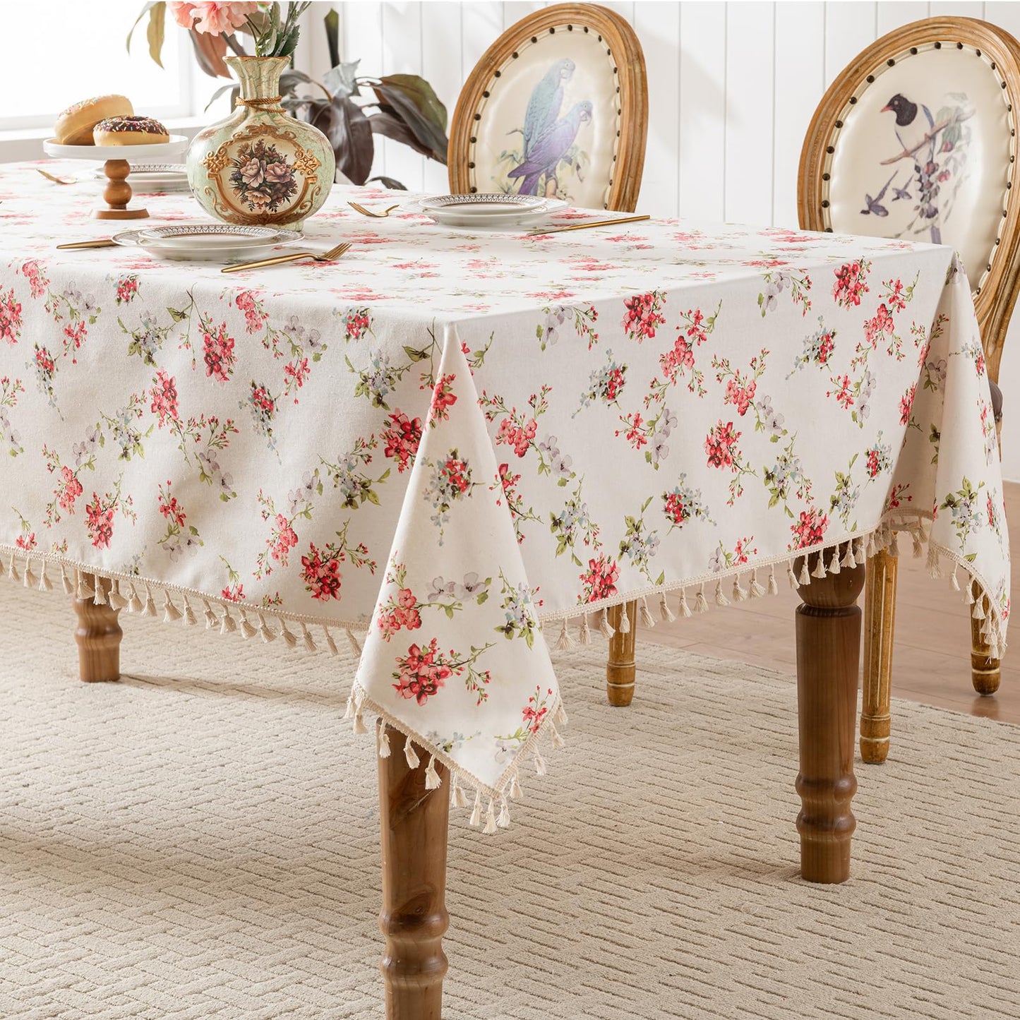 HOMLOVE Tablecloth Pastoral Style, Waterproof & Stain Resistant Table Cloth Wrinkle Free Table Cover for Dining/Kitchen/Patio, Washable Indoor & Outdoor Use (Red Flower, 55"X86")