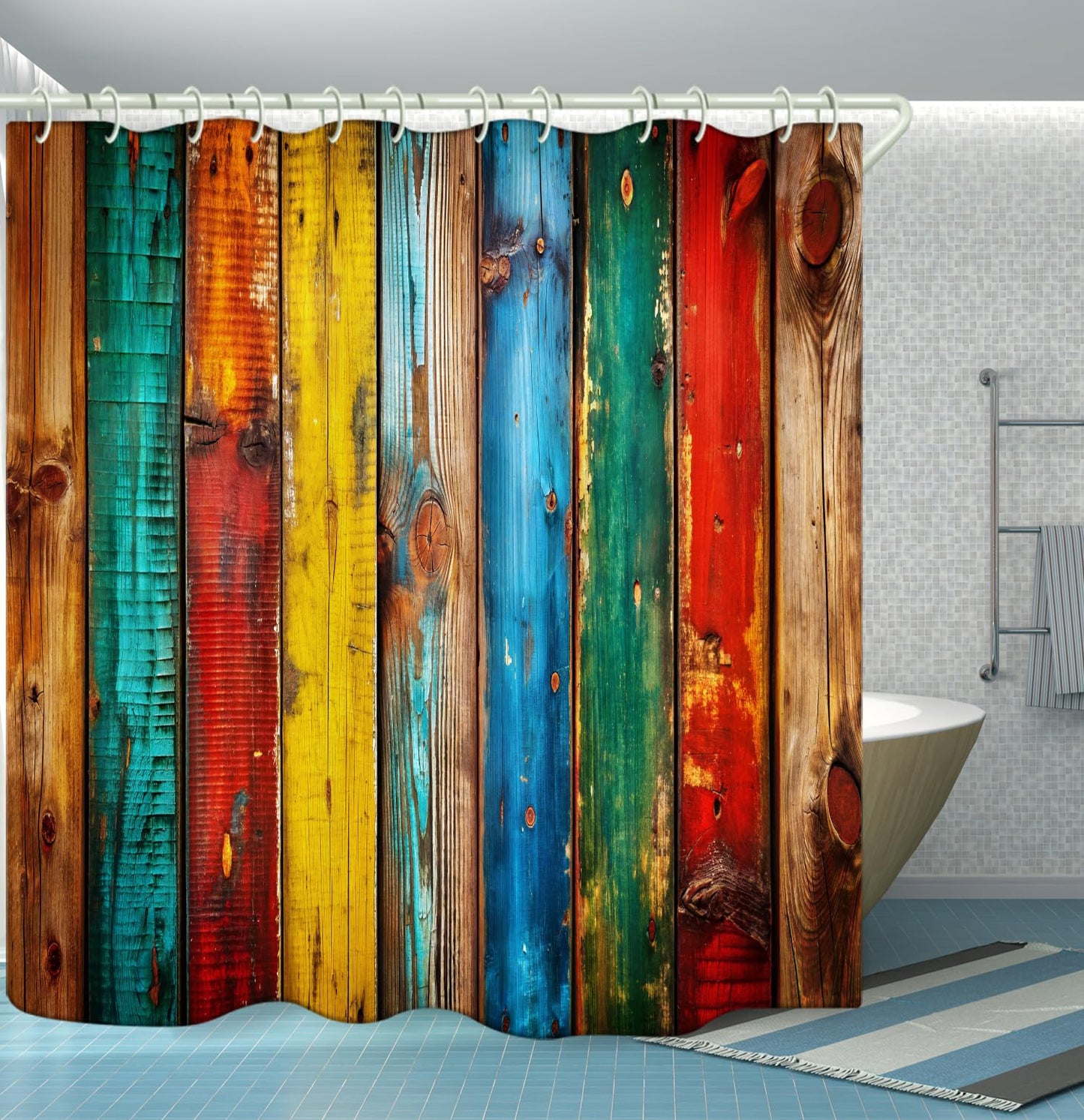 LYFANS Bathroom Shower Curtains Brings a Pleasant Mood to Bathing, with a Unique Artistic Waterproof Colored Wooden Shower Curtain (59x72 Inches) Equipped with 12 Hooks.