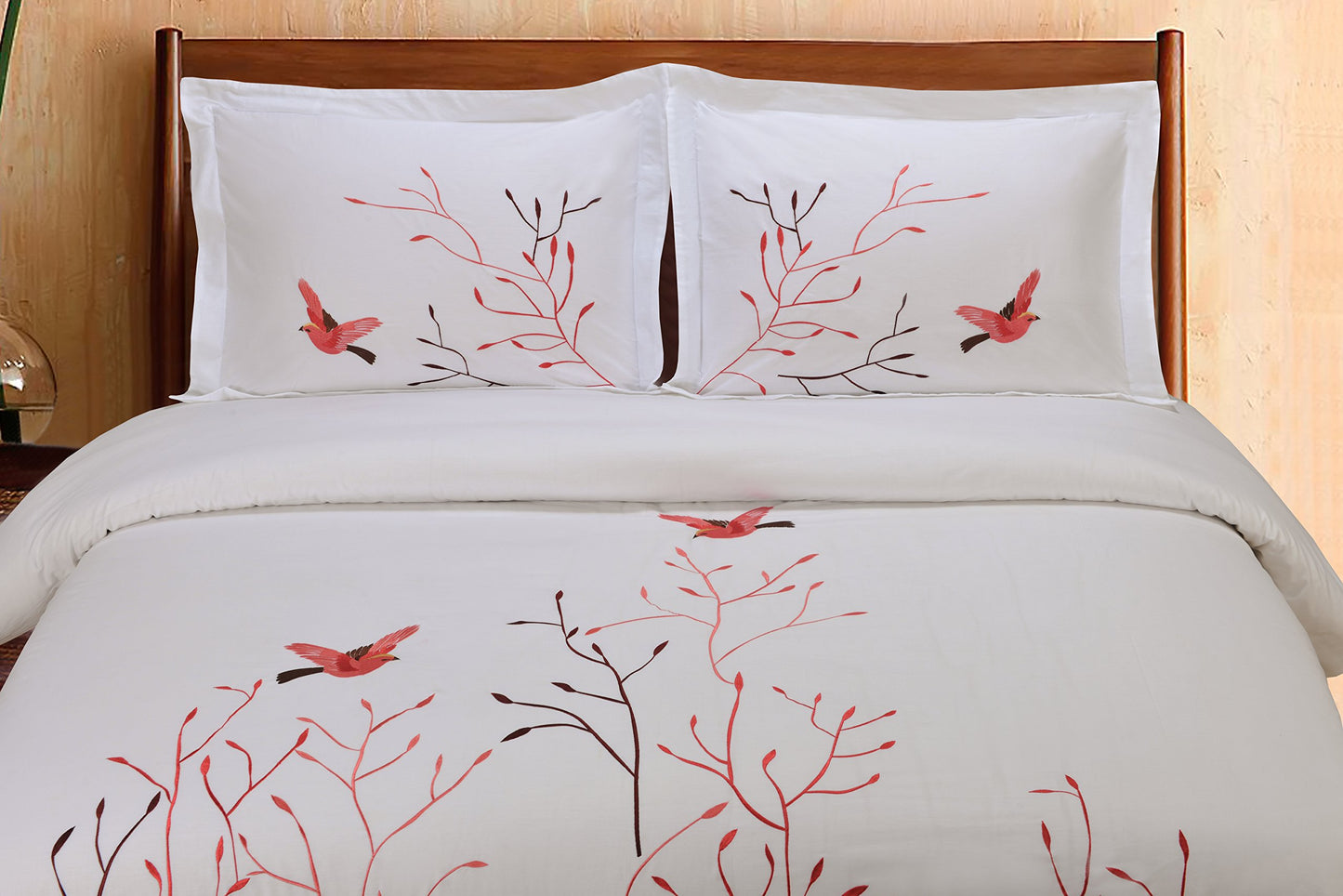 Superior Swallow Cotton 200 Thread Count Duvet Cover Set, Comforter Cover, Bed Essentials, Embroidered Tree with Birds, Includes 1 Duvet Cover- Button Closure, 2 Pillow Shams, Full/Queen, Red Swallow