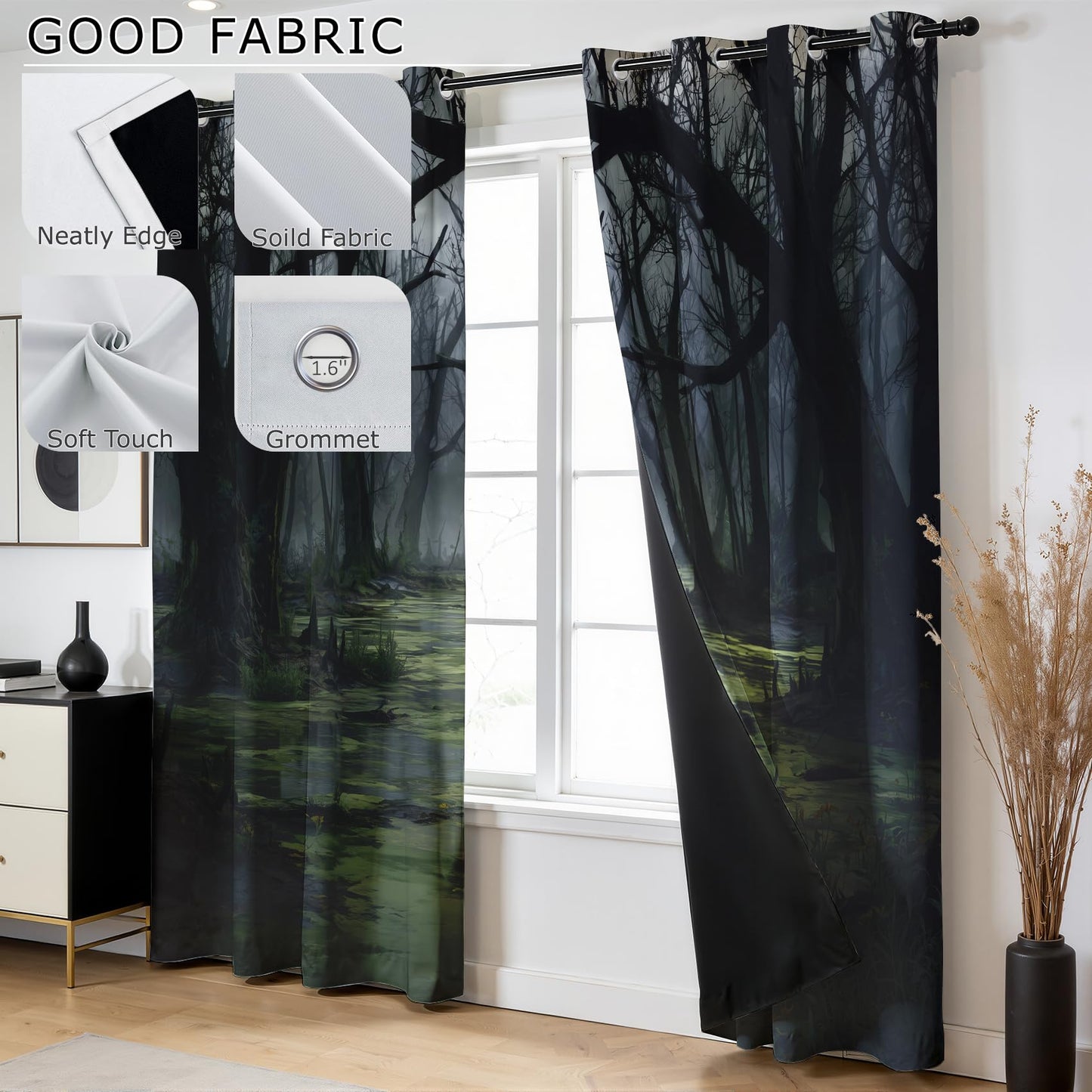 Solvivae Forest Curtains 63 Inch Length, Tree Jungle Gothic Nature Landscape Blackout Curtains for Bedroom Living Room, Room Darkening Thermal Insulated Grommet Drapes, Patterned Window Treatments