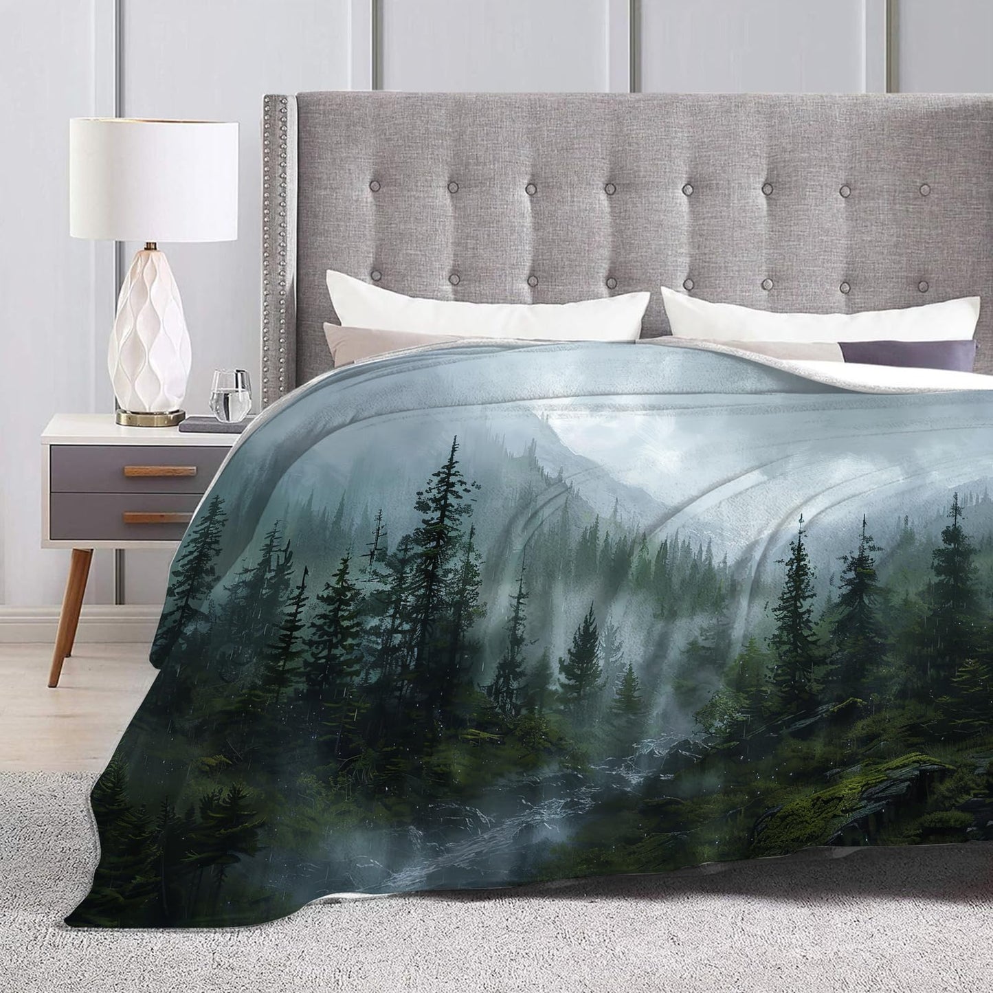 Baegopa Forest Blanket Misty Mountain Tree Throw Blanket Cozy Plush Fleece Flannel Green Nature Blankets Landscape Party Gifts for Girls Boys Women Men 50"X40"