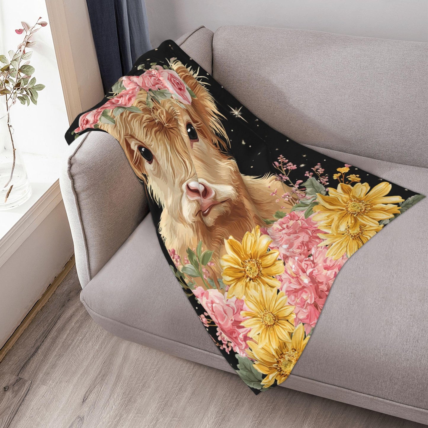 Highland Cow Throw Blanket Soft Warm Cozy Flower Cows Floral Blankets Fuzzy Plush Fleece Highland Cow Blanket Gifts for Couch Bed Sofa Home Decor 40''X50''