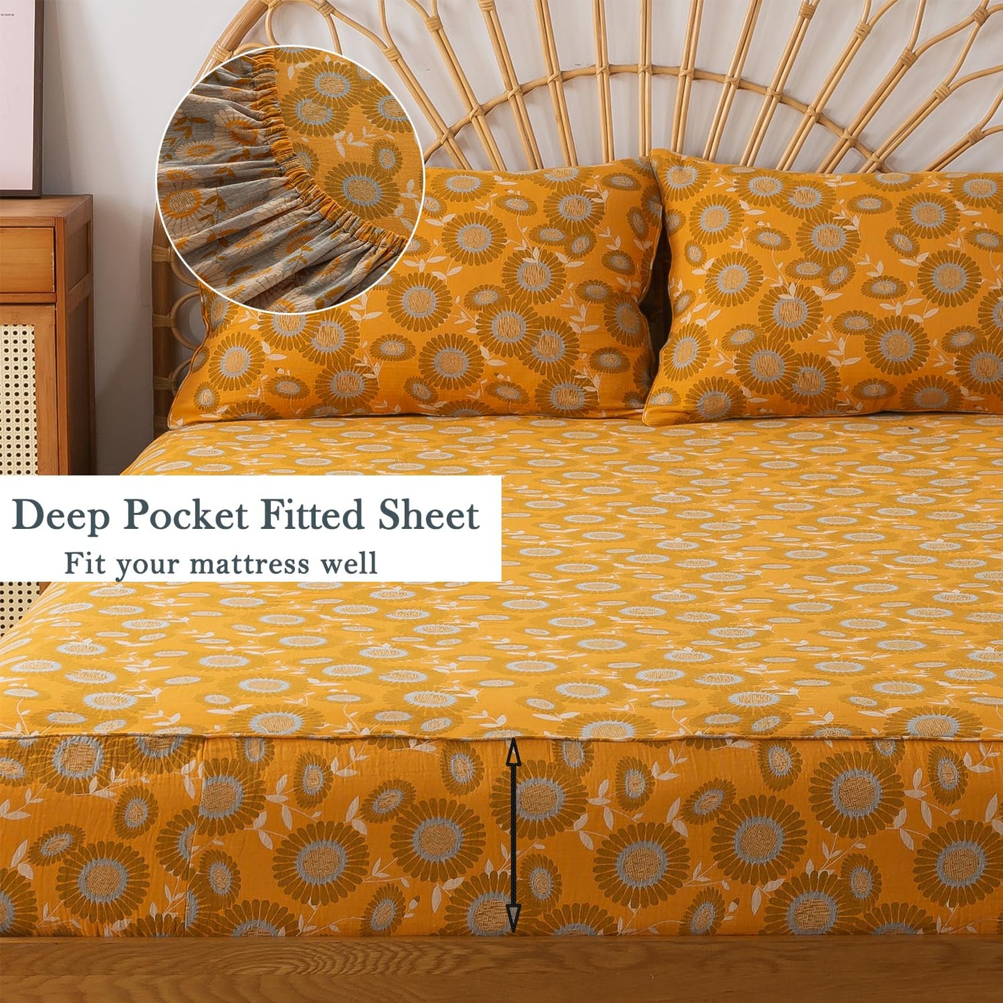 FADFAY Double Gauze 100% Cotton King Sheets Set Floral Bed Sheets Deep Pocket Fitted Sheet, Luxury Sunflower Pattern Shabby Vintage Countryside Style Bedding 4Pcs