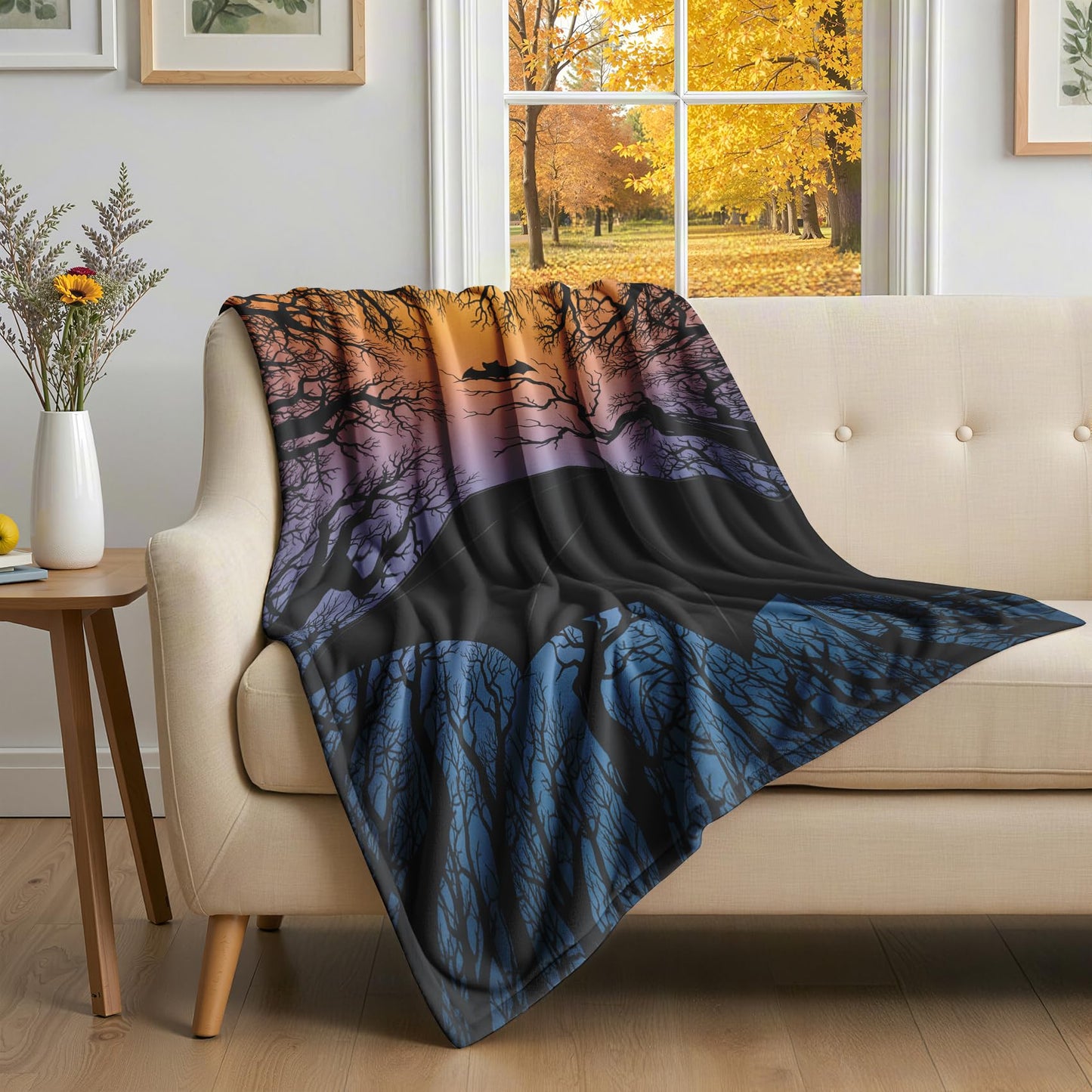 GEDAEUBA Bat Blanket Throw - Halloween Dead Tree Fleece Blanket Twin Size, Soft Cozy Blankets & Throws for Couch, Bed, and Sofa, 60x80 inches