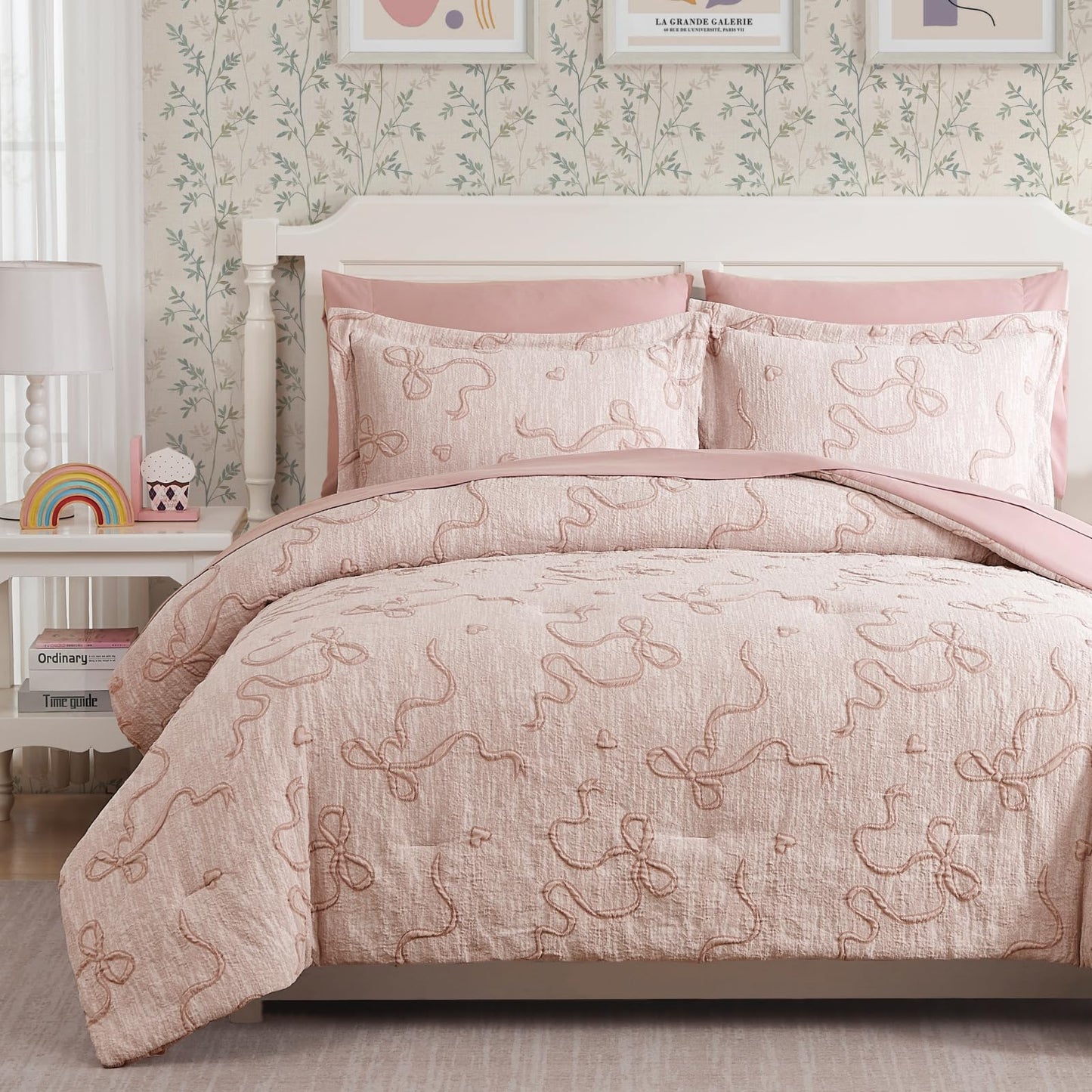 Geniospin Pink Twin Comforter Set for Girls- 5 Pieces Bowknot Jacquard Bed in A Bag Twin Bedding Sets with Sheets, Pillowcases & Shams, All Season Kids Comforter Set