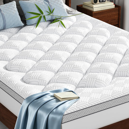 GHLPECYO 3 Inch Extra Thick Queen Size Mattress Topper, Cloud-Like Pillow Top Mattress Pad with Bamboo Viscose & Memory Foam Filling, 18‘’ Deep Pocket Bed Topper, Breathable Air Mesh Sides, White