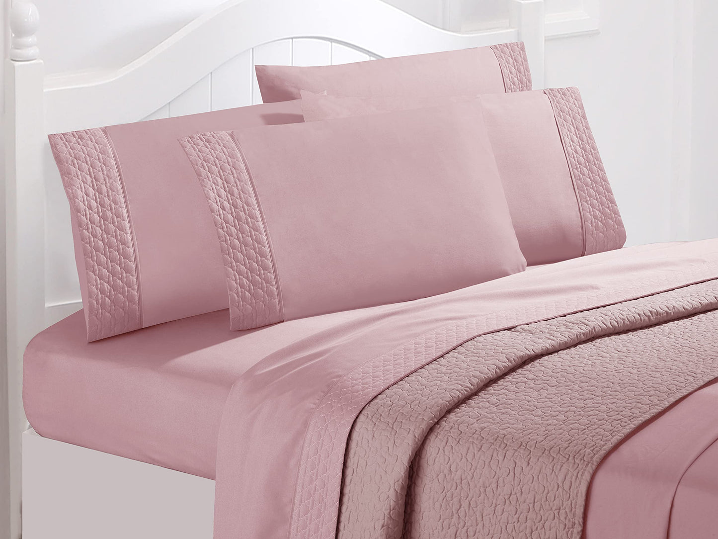 Elegant Comfort Luxury Soft Coziest 4-Piece Bed Sheet Set 1500 Thread Count Egyptian Quality Microfiber Wrinkle Resistant Beautiful Quilted Design on Flat Sheet and Pillowcases, King, Dusty Rose