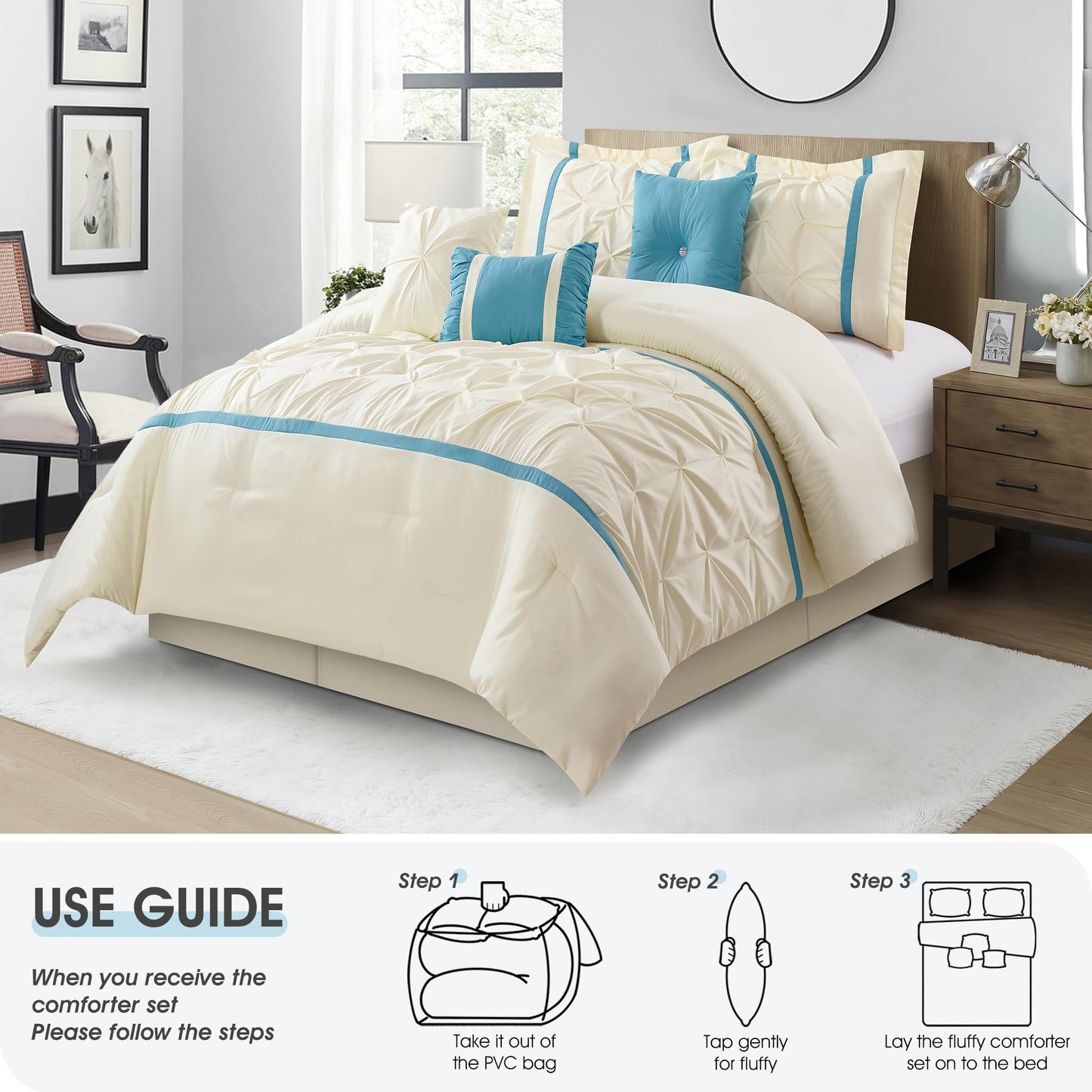 LANCO MODERN LIFESTYLE Beige Blue Comforter Set, King, 7 Piece Bed in a Bag, Microfiber Handcrafted Pintucking, All Season Bedding Set with Comforter, Bedskirt, Pillow Shams and Decro Pillows