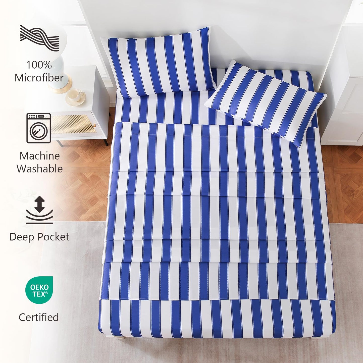 MCO 4Pieces Striped Sheets Set, Breathable Queen Sheet Set with 16" Deep Pocket,Modern & Luxury, Brushed Microfiber Bedding Set(Queen, Navy Blue)