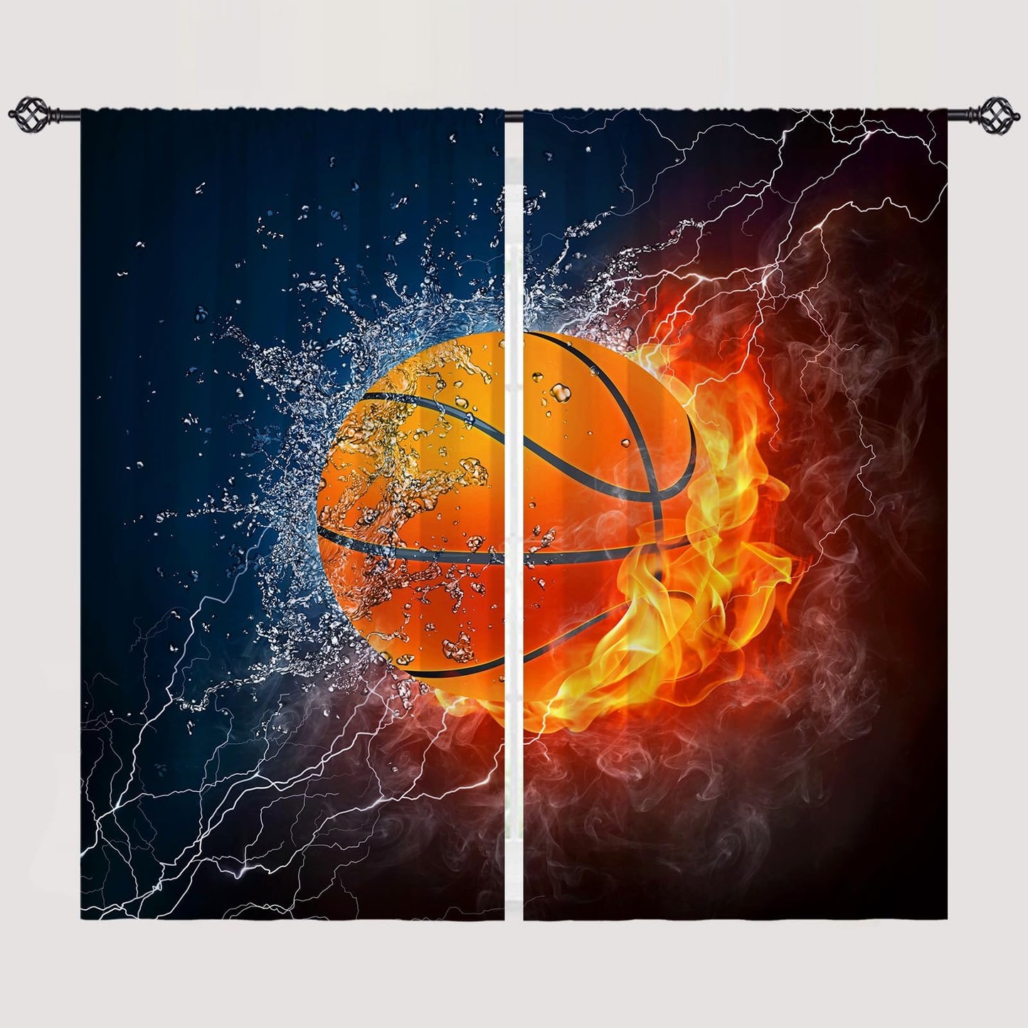 YUANZU Kids Basketball Curtains W42 x L63 Inch Rod Pocket Sports Fire Ball Water Flame Thunder Lightning Print Pattern Privacy Fabric Window Drapes for Boys Bedroom Nursery Baby Playroom 2 Panels