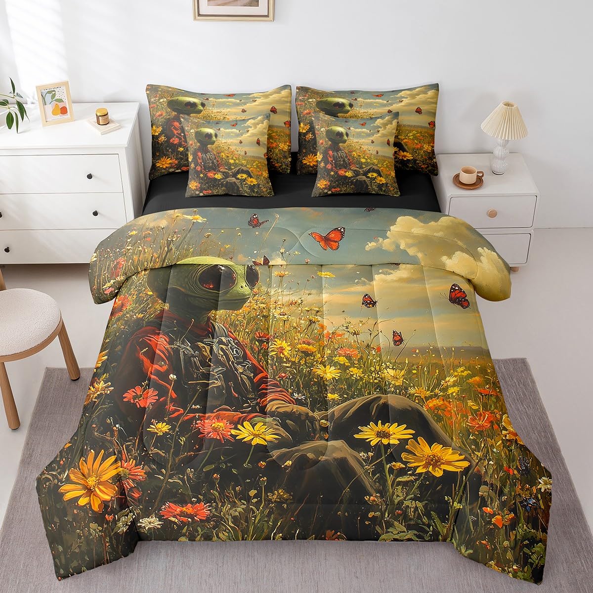 Feelyou Kids Alien Printed Comforter Set with Sheets Queen Size, Trippy Alien 7 Pieces Bedding Set Boys Girls Outer Space Bed in A Bag Butterfly Teens Bed Set Bedroom Decor 7Pcs
