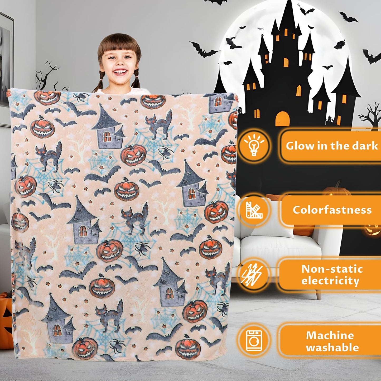 UOFON Halloween Pumpkin Blanket Kids Glow in The Dark Blanket Black Cat Halloween Decor Gifts for Women Boys Girls 50"x60"