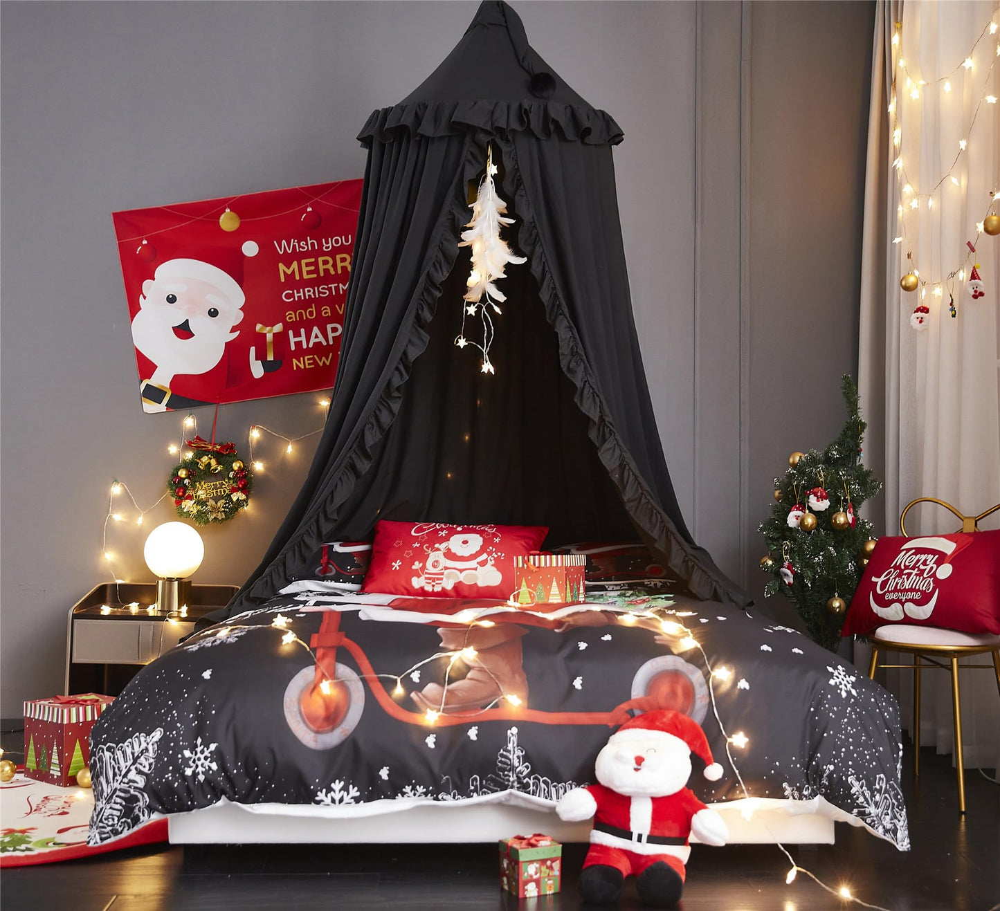 VETHIN Bed Canopy for Girls,Princess Round Dome Dreamy Mosquito Net Bedding Girls Room Castle Play Tent Hanging House Decor Reading Nook Canopies (Black)