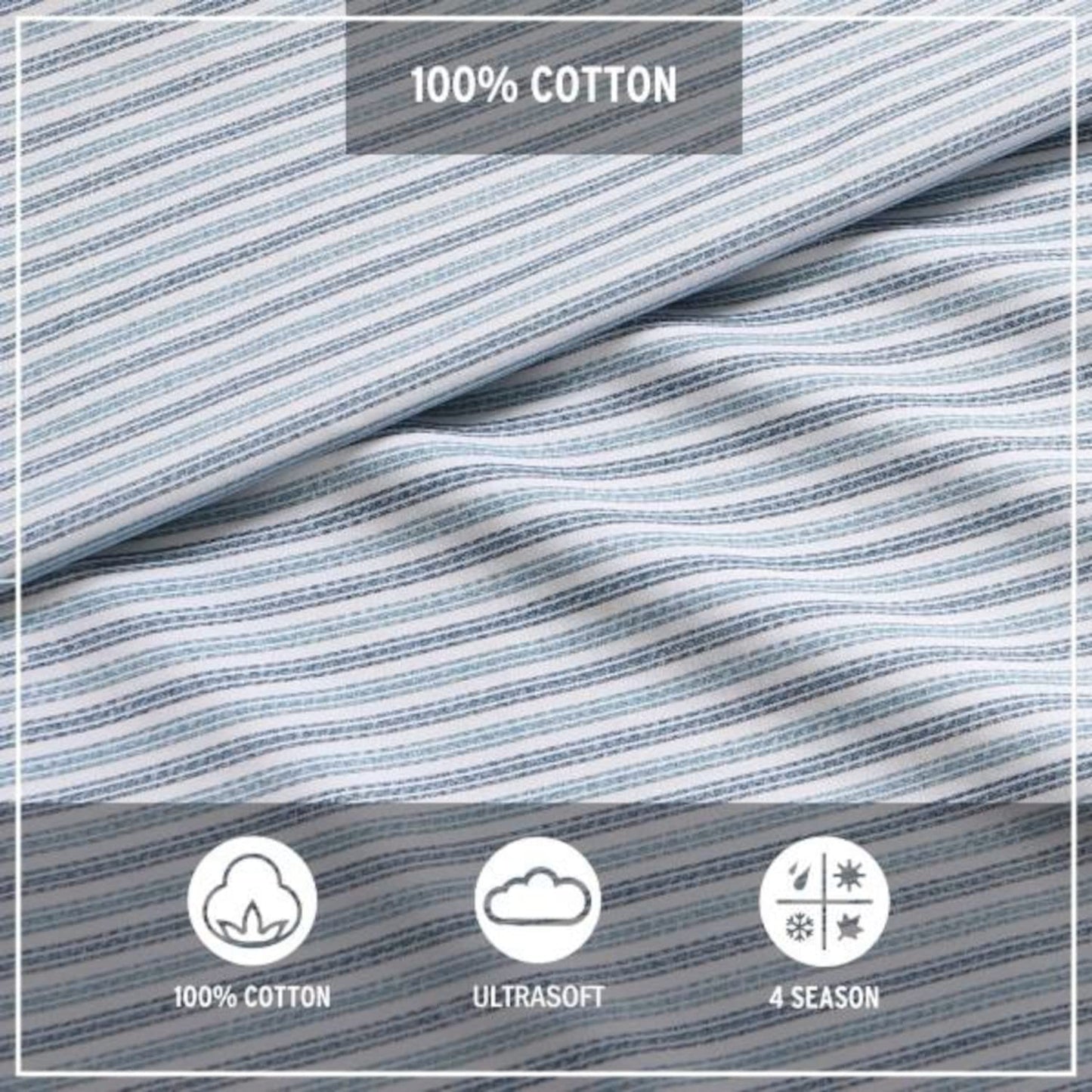 Eddie Bauer - Twin Sheet Set with Fitted Sheet & Pillowcase, 100% Cotton Percale Bedding, Crisp & Cool, Dorm Room Essentials, Ticking Stripe Light Blue