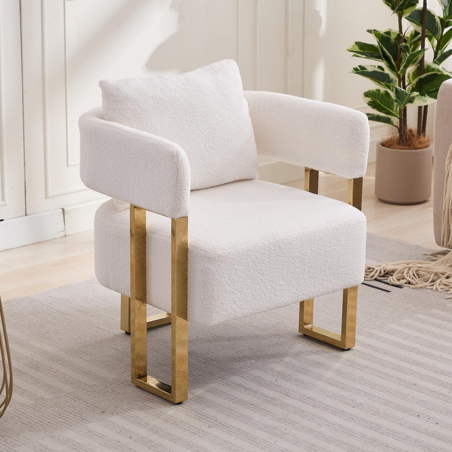 YITAI Modern Accent Chairs no Wheels, Living Room Side Chairs Set of 2 with Golden Metal Legs, Barrel Soft Teddyt Upholstered Reading Armchairs for OfficeReception RoomBedroomLounge,White