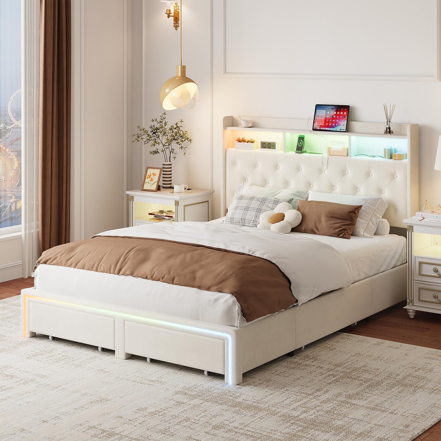 VINTLJUS Full LED Bed Frame with Storage Headboard & Charging Station, Velvet Fabric Platform Bed Frames with 4 Drawers, Button Tufted Upholstered, No Box Spring Needed, Noise Free, Beige