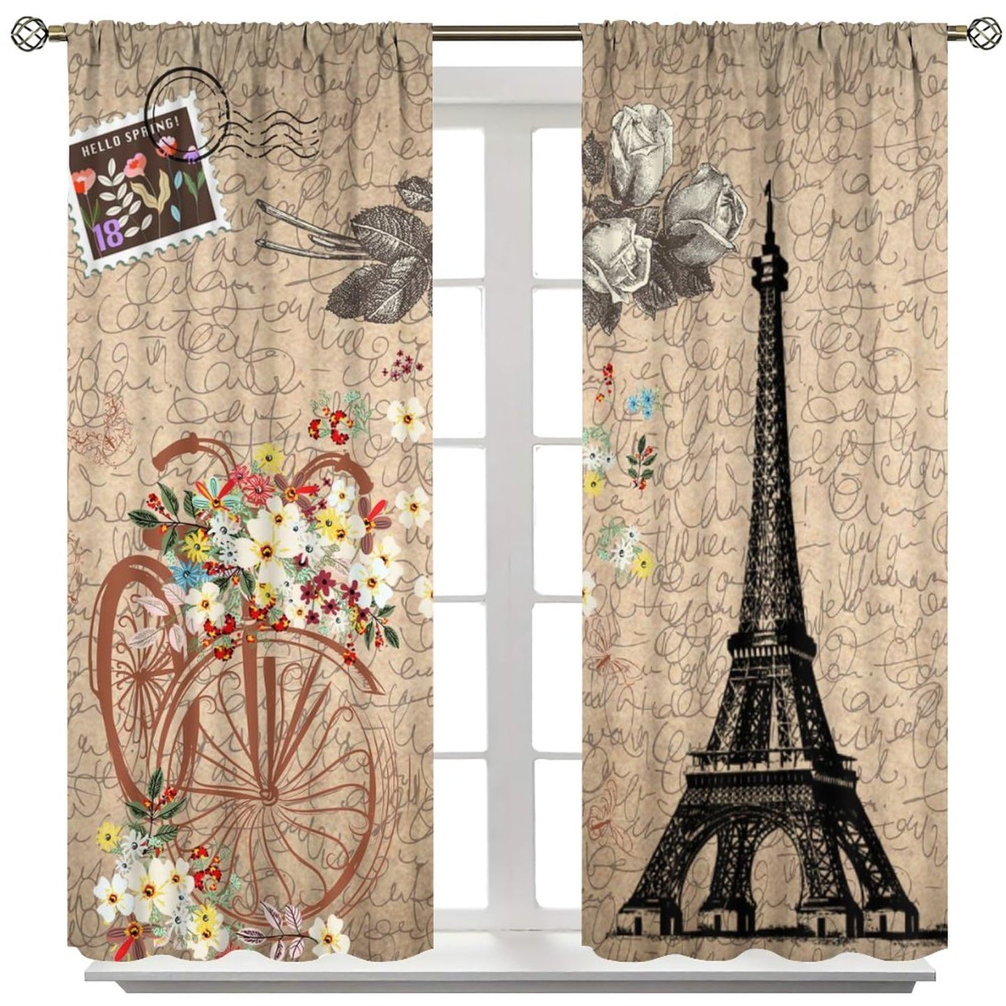 Vintage Paris Eiffel Tower Curtains - Rustic Romantic Rose French Paris Tower Old Bicycle Floral Window Curtain Room Darkening Blackout Thermal Insulated Rod Pocket Curtains 2 Panels 45"L x 21"W