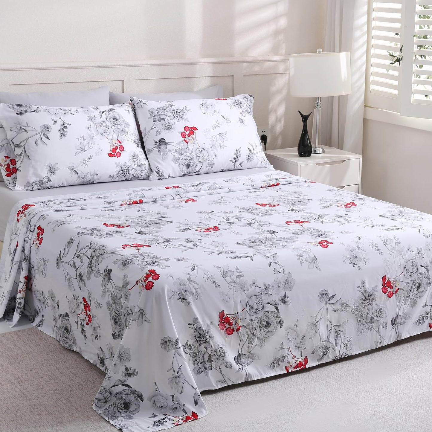 LONAVA Flower King Size 6 Pcs Sheet Set, Breathable Microfiber Deep Pocket White Fitted Sheets, Comfy & Breathable Patterned Flat Sheets,4 Gentle Soft Pillowcases, Gothic Rose