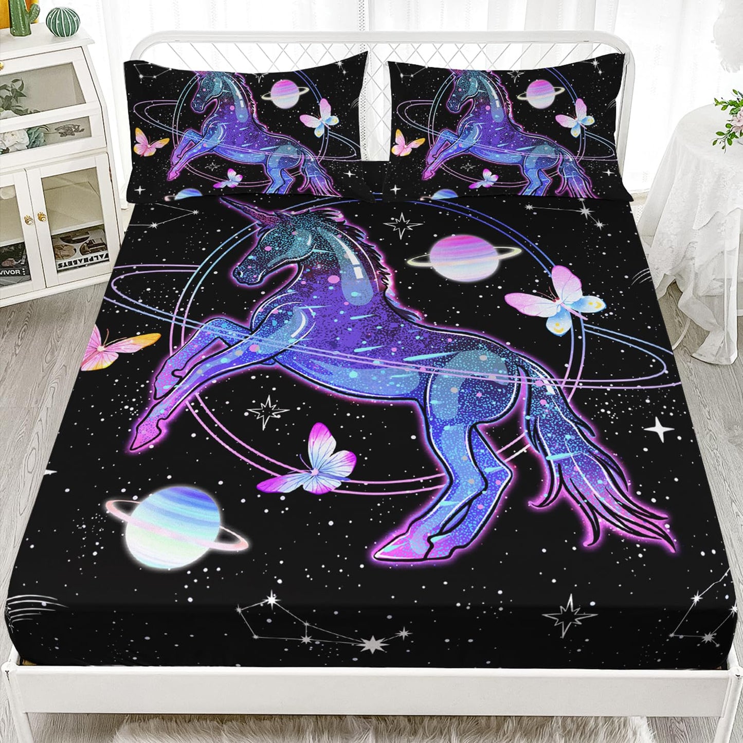 HOSIMA Unicorn Bedding Sets for Girls Kids,Butterfly Star Sky Galaxy Twin Fitted Sheet Unicorn Bedroom Decor,Black Lightweight Soft Easy Care Microfiber Bed Sheet Set with 15-inch Deep Pockets.