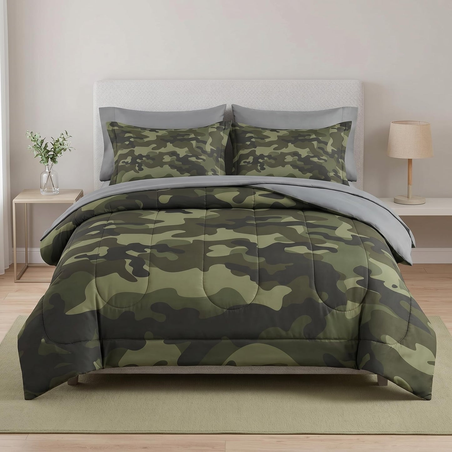 Pamnest Comforter Set Full Size, Army Camouflage Camo 7 Pcs Bedding for Kids and Adults, Military French Green Bed Sheet Sets with Fitted Sheet 2 Pillowcases & 2 Shams for Bedroom Bed Decor
