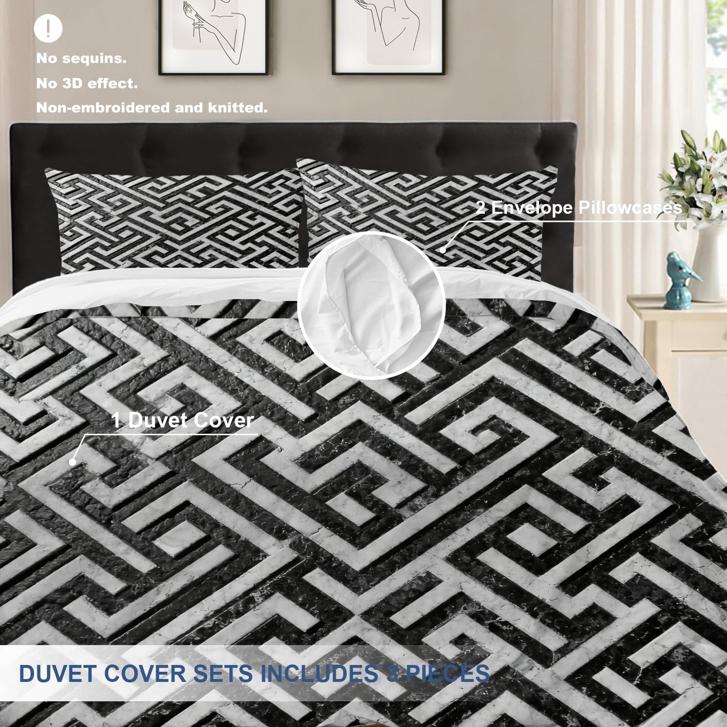 Batmerry Greek Key Geometric King Size 100% Cotton Duvet Cover Sets, Modern Texture Monochrome Swatch Bedding Set with Zipper Closure Corner Ties, 3 Pieces (1 Cover + 2 Pillowcases No Comforter)