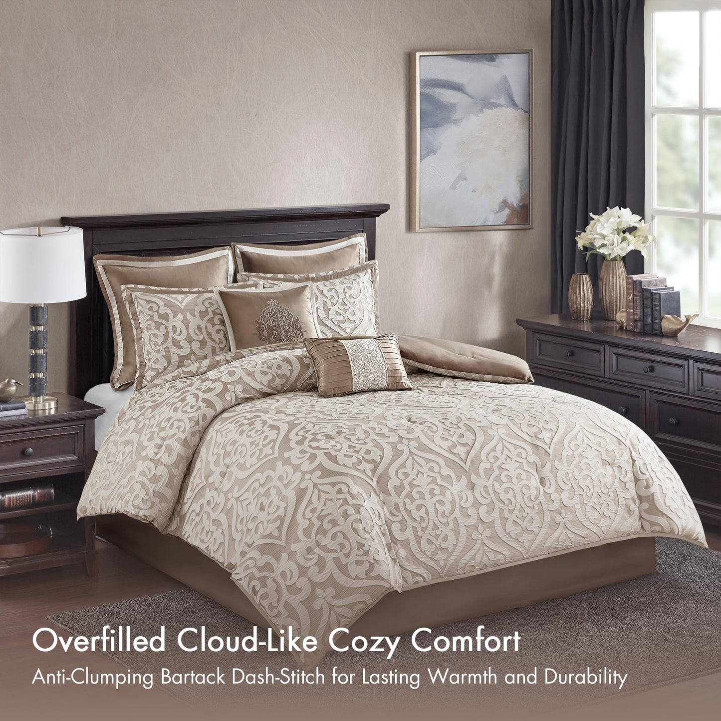 Madison Park Odette Cozy Comforter Set Jacquard Damask Medallion Design - Modern All Season, Down Alternative Bedding, Shams, Decorative Pillow, King(104 in x 92 in), Tan 8 Piece