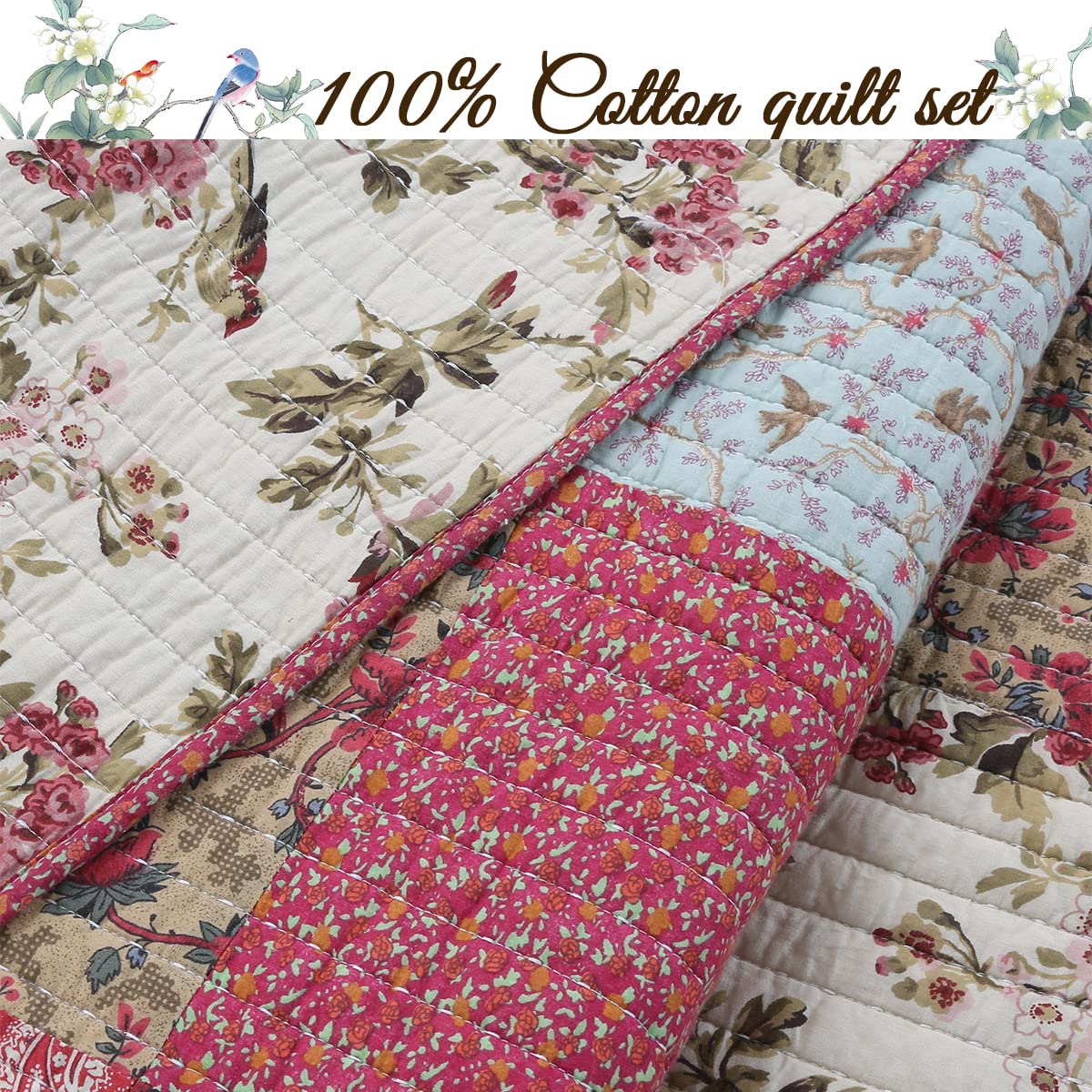 Cozy Line Home Fashions 100% Cotton Hand Piecing Real Patchwork Red Teal Khaki Floral Country Reversible Coverlet Bedspread Quilt Bedding Set for All Seasons (Red Aqua, King - 3 piece)